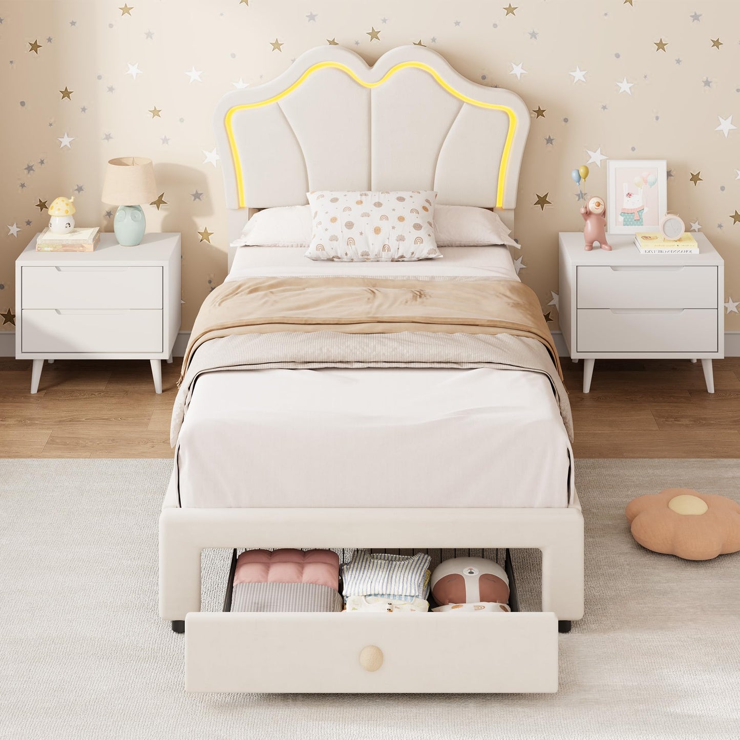 GarveeHome Twin Size Bed Frame with Storage Drawer, Velvet Upholstered Platform Bed Frame with Headboard & LED Light, No Box Spring Needed, Fits 8-10 in Mattress