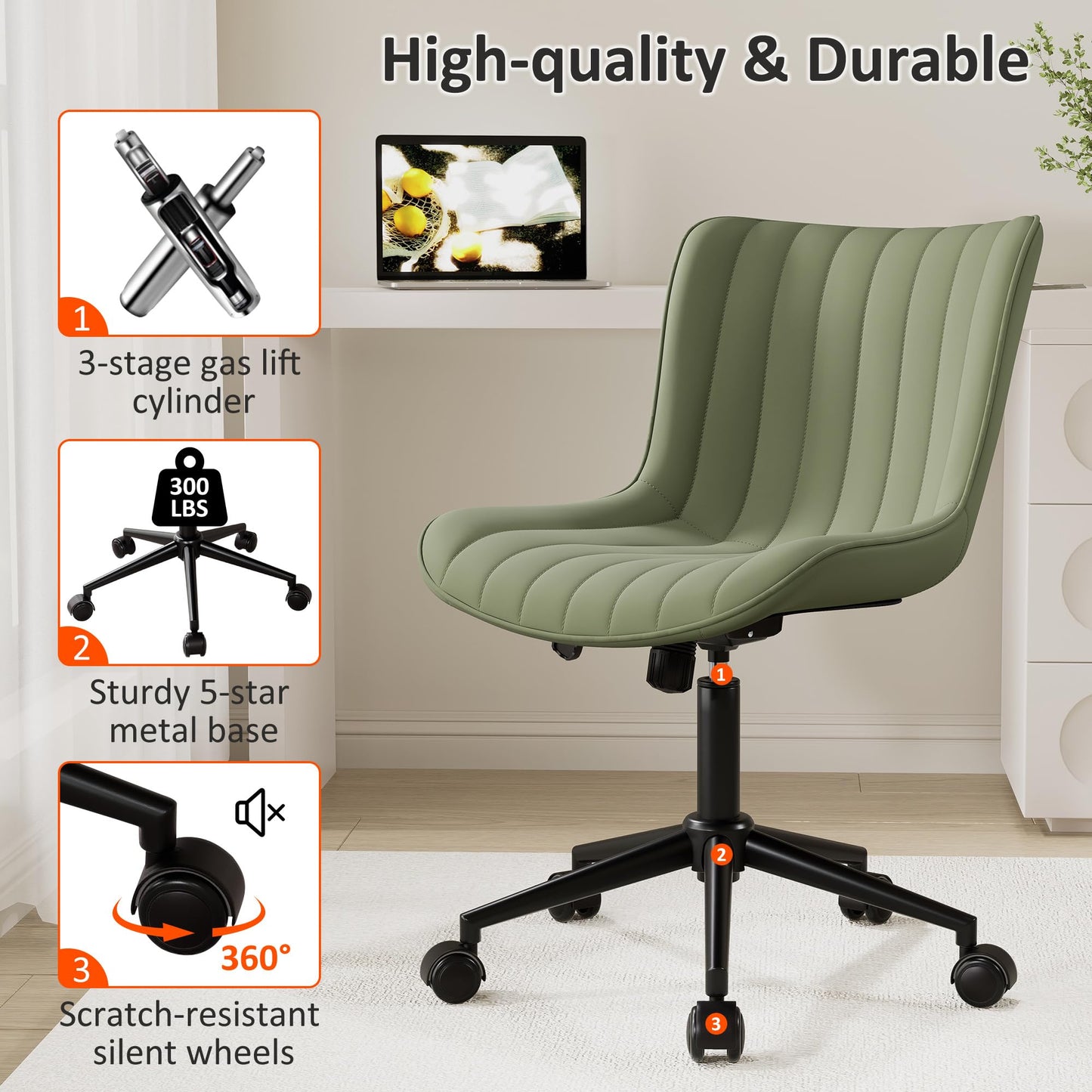 Kidol & Shellder Olive Green Office Desk Chair with Wheels Leather Modern Armless Swivel Vanity Chair with Comfy Padded Back Ergonomic Cute Rolling Adjustable Computer Chair Small