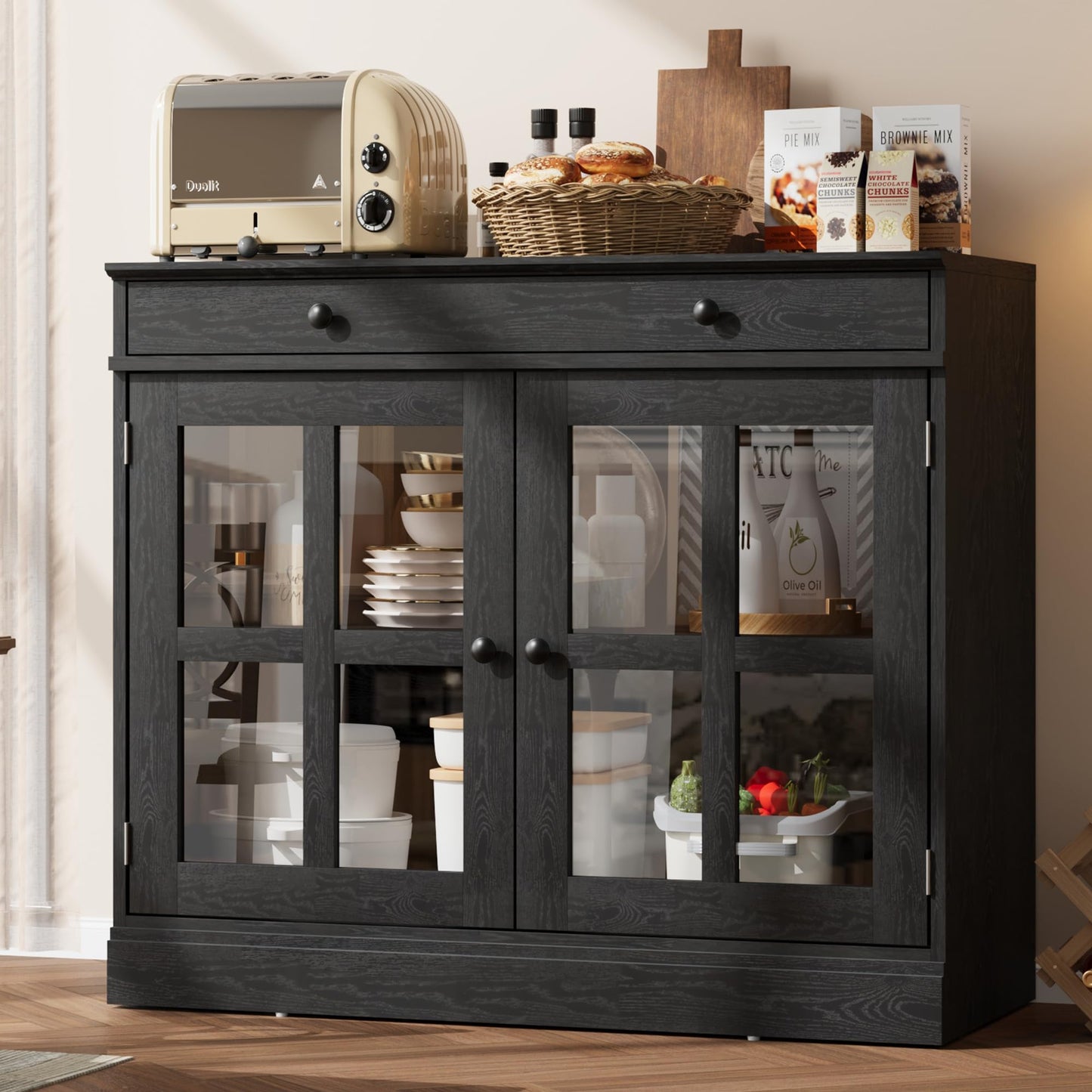 GAOMON 35.4" Modern Black Sideboard Buffet Cabinet with Glass Door, 3 Drawers & 3 Adjustable Shelves, Kitchen Coffee Bar Cabinet, 35.4" W x 30.6" H x 15.7" D