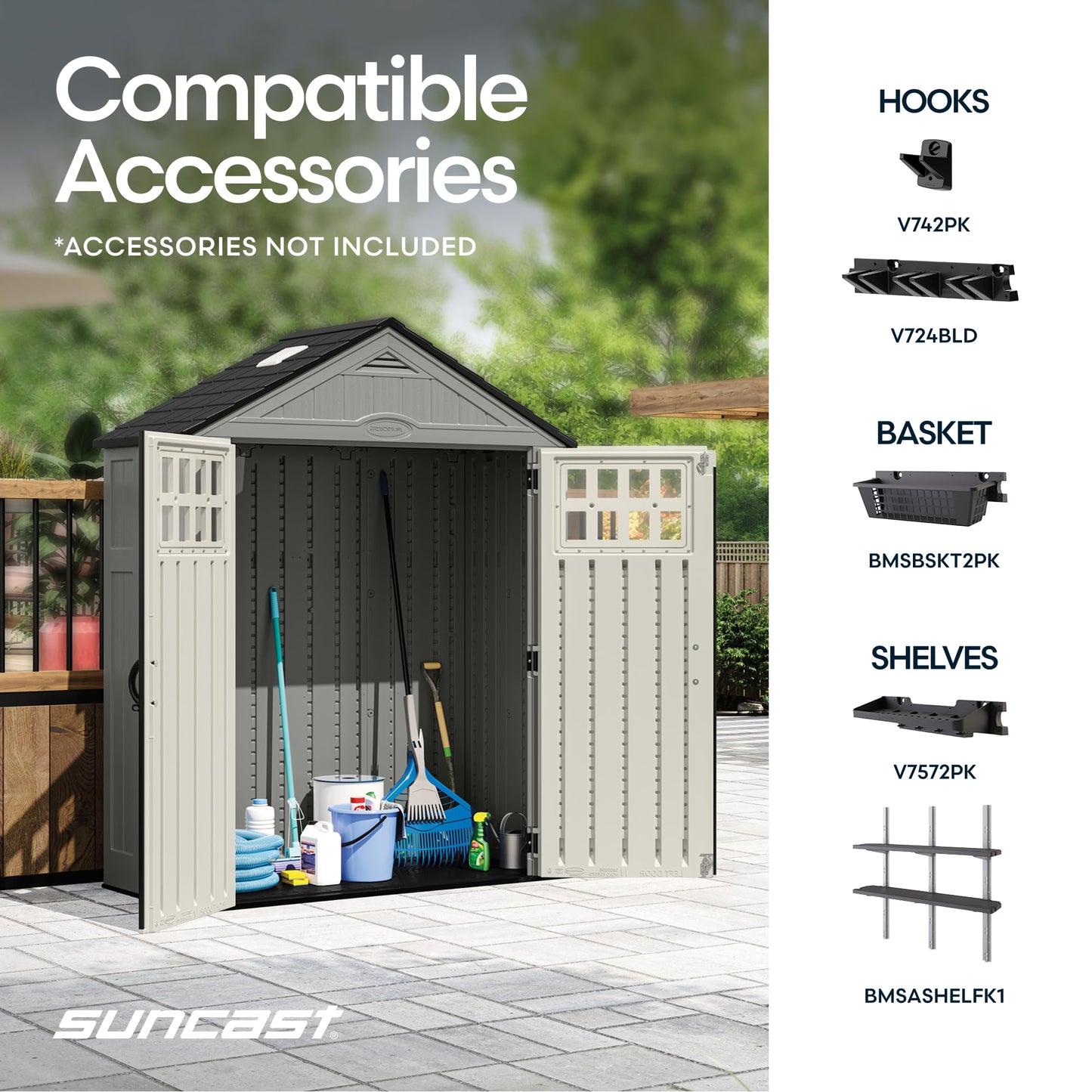 Suncast Everett 6x3 ft Vertical Storage Shed - Resin Outdoor Garden Shed with Floor, Windows, Skylight & Lockable Double Doors. Slim Yard Storage for Utility Tools & Backyard Equipment