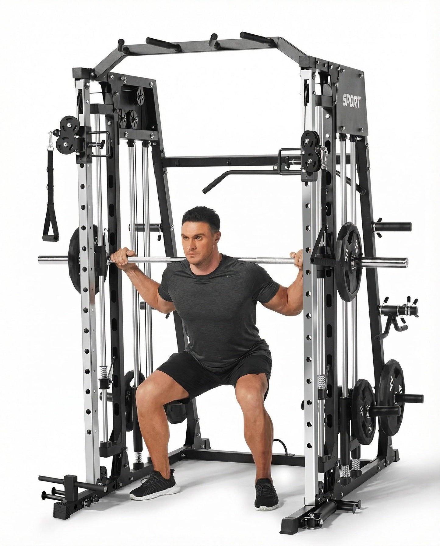 Multifunctional Smith Machine Home Gym 2200LBS Squat Rack Power Cage with LAT Pulldown, Cable Crossover System, Smith Bar, Leg Attachments, Workout Equipment