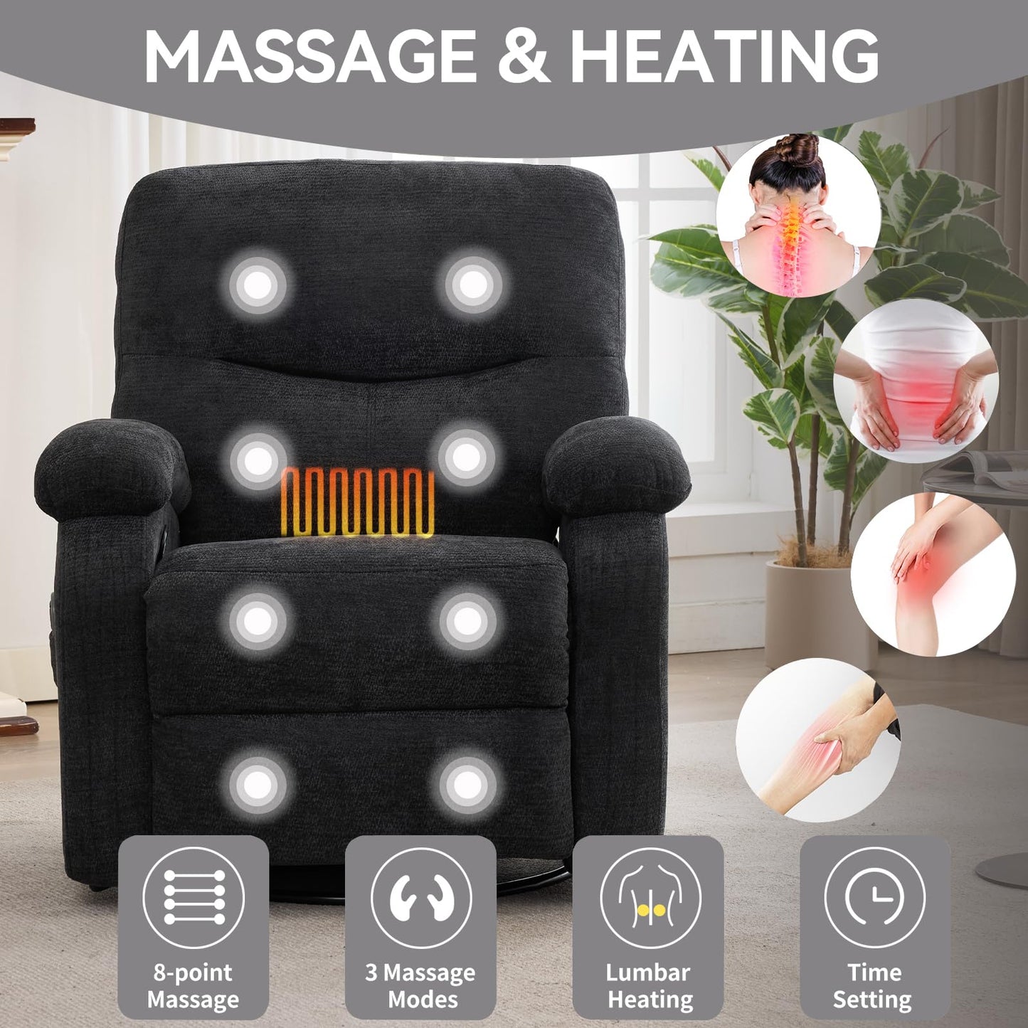 Eafurn 360° Swivel Rocker Recliner Chair for Elderly, Nursery Glider Recliner with Massage and Heating, Comfy Overstuffed Manual Lounge Armchair for Living Room