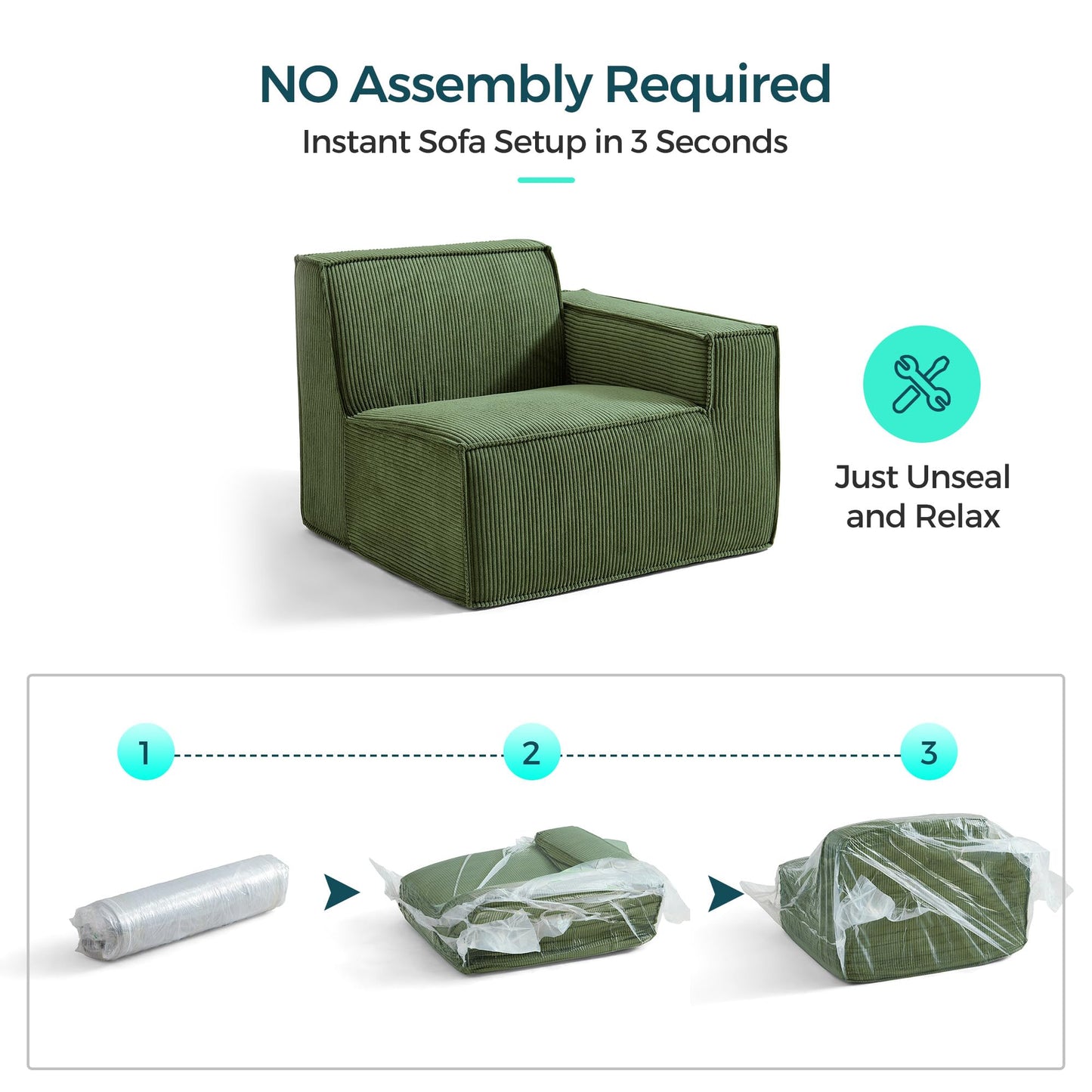 LINSY HOME Modular Sectional Sofa, 134" Boneless Couch L Shaped 4-Seat Sofa with Movable Ottoman, Corduroy Sectional Cloud Couches for Living Room, No Assembly Required, Green