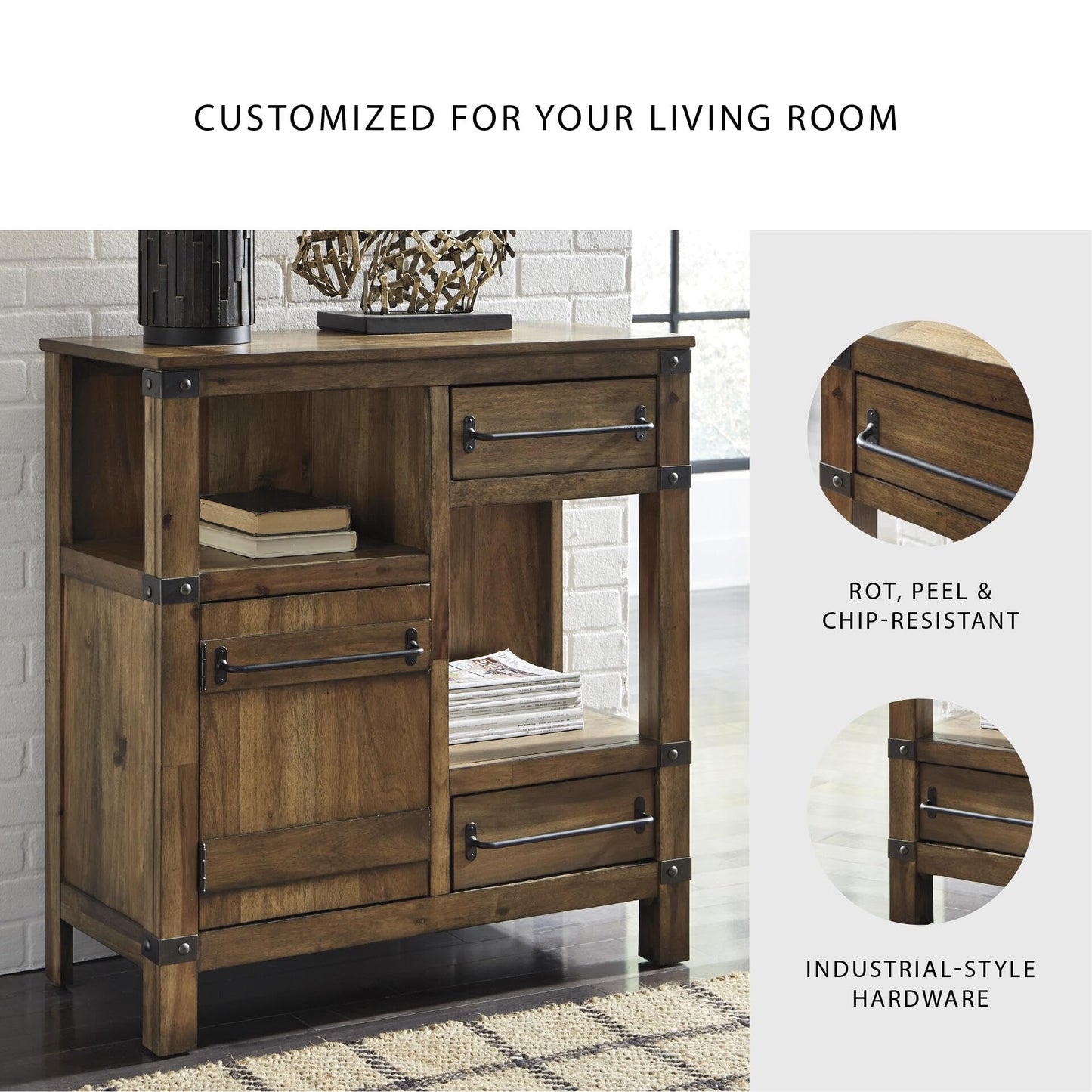 Signature Design by Ashley Roybeck Industrial Accent Cabinet with 2 Shelves, 1 Adjustable Shelf and 2 Drawers, Light Brown