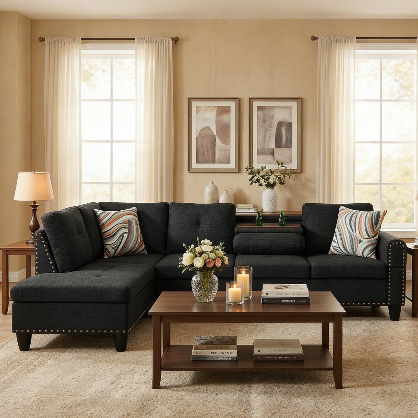 Trygoal L-Shaped Sectional Couch with Cup Holders, Living Room Sofa with Lounge Chaise, Modern 4 Seater Sofa Couch for Living Room, Small Apartment & Office, Black Gray