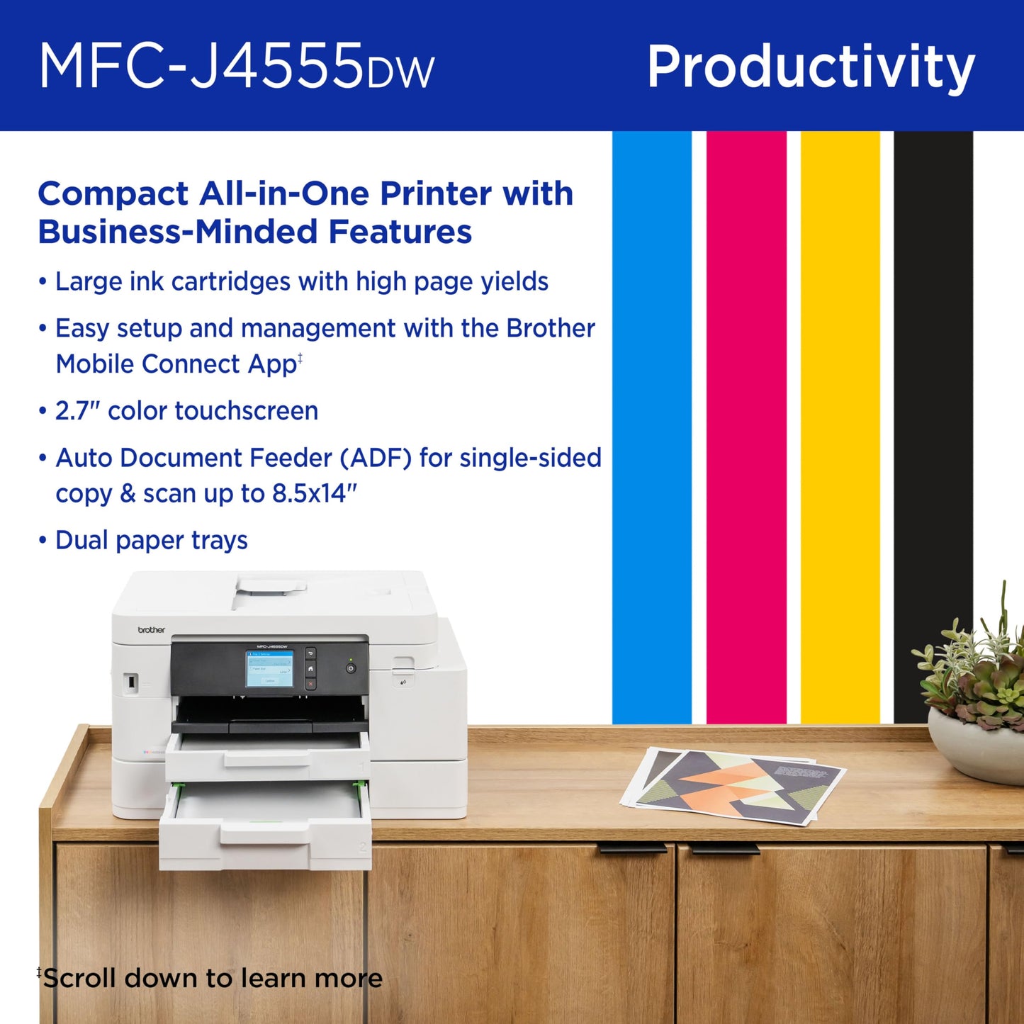 Brother INKvestment 4555 Wireless Color Inkjet All-in-One Printer with 2.7” Color Touchscreen and 2 Paper Trays | Includes Refresh Subscription Trial(1) (MFC-J4555DW)