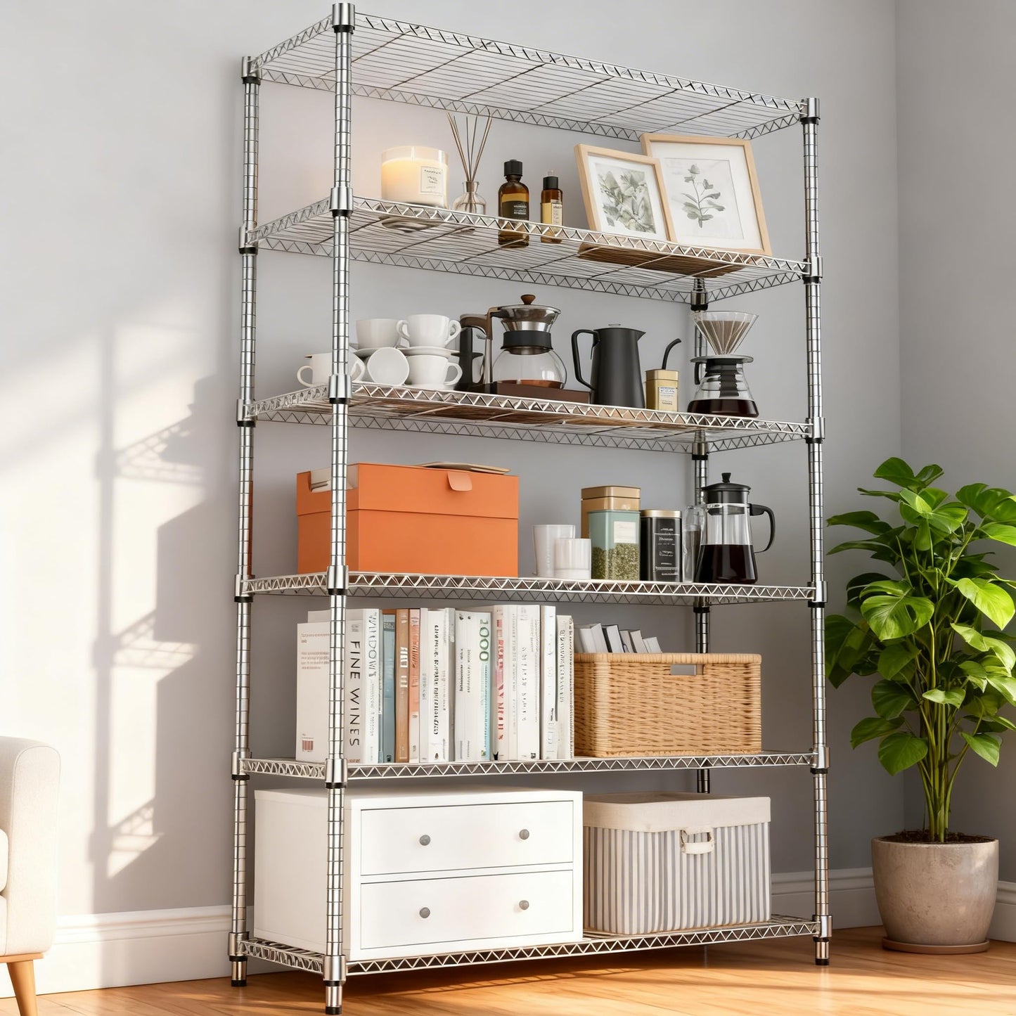 M MZG 2100LBS 47.2" W 6 Tiers Shelf Storage Shelves Metal Shelving Unit Heavy Duty Garage Shelving Adjustable Wire Shelves for Pantry,Kitchen,Garage,Basement,Chrome 17.7" D x 47.2" W x 82.4" H