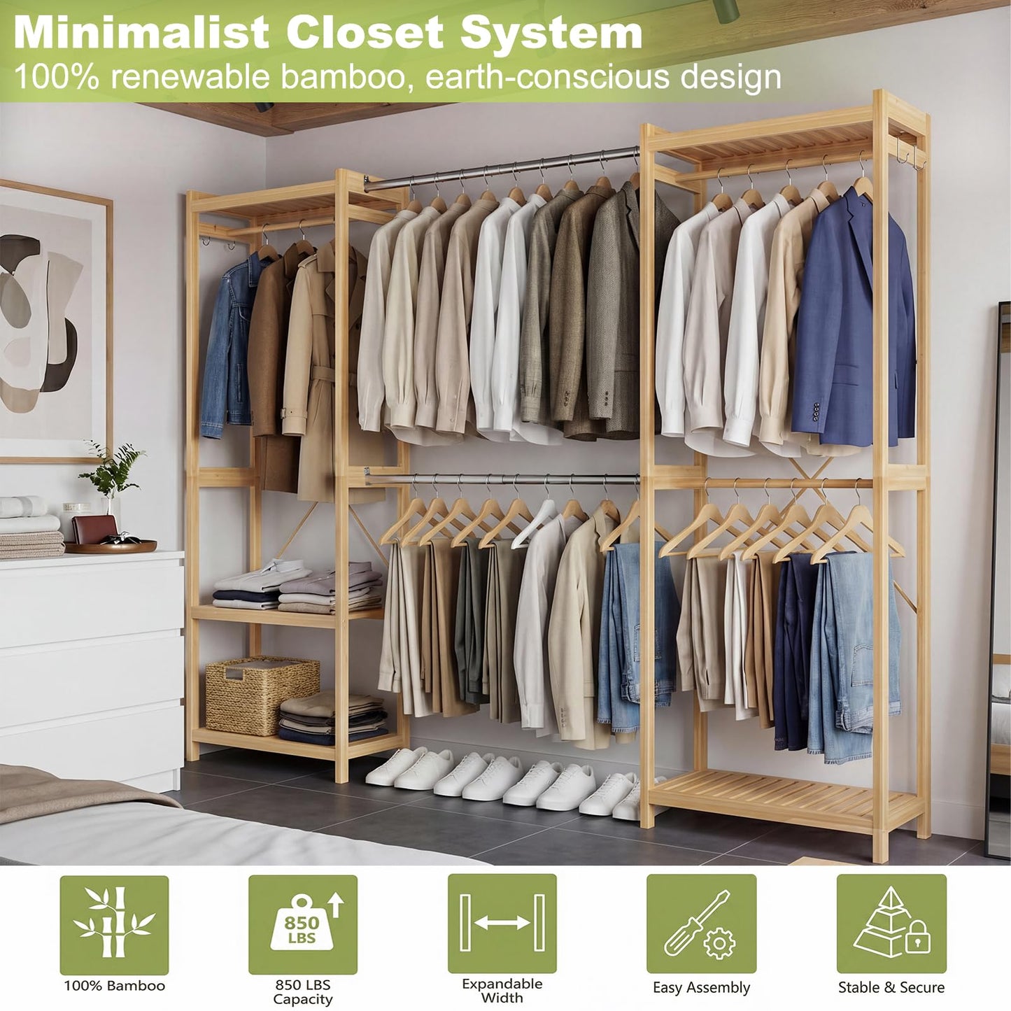 Homykic Bamboo Closet System, 74"-88" Expandable Clothing Rack with 5 Hanger Rods & Shelves, 6.6ft Tall Garment Rack Organizer for Walk-in Closet Bedroom, Max Load 850LBS, Easy to Assemble