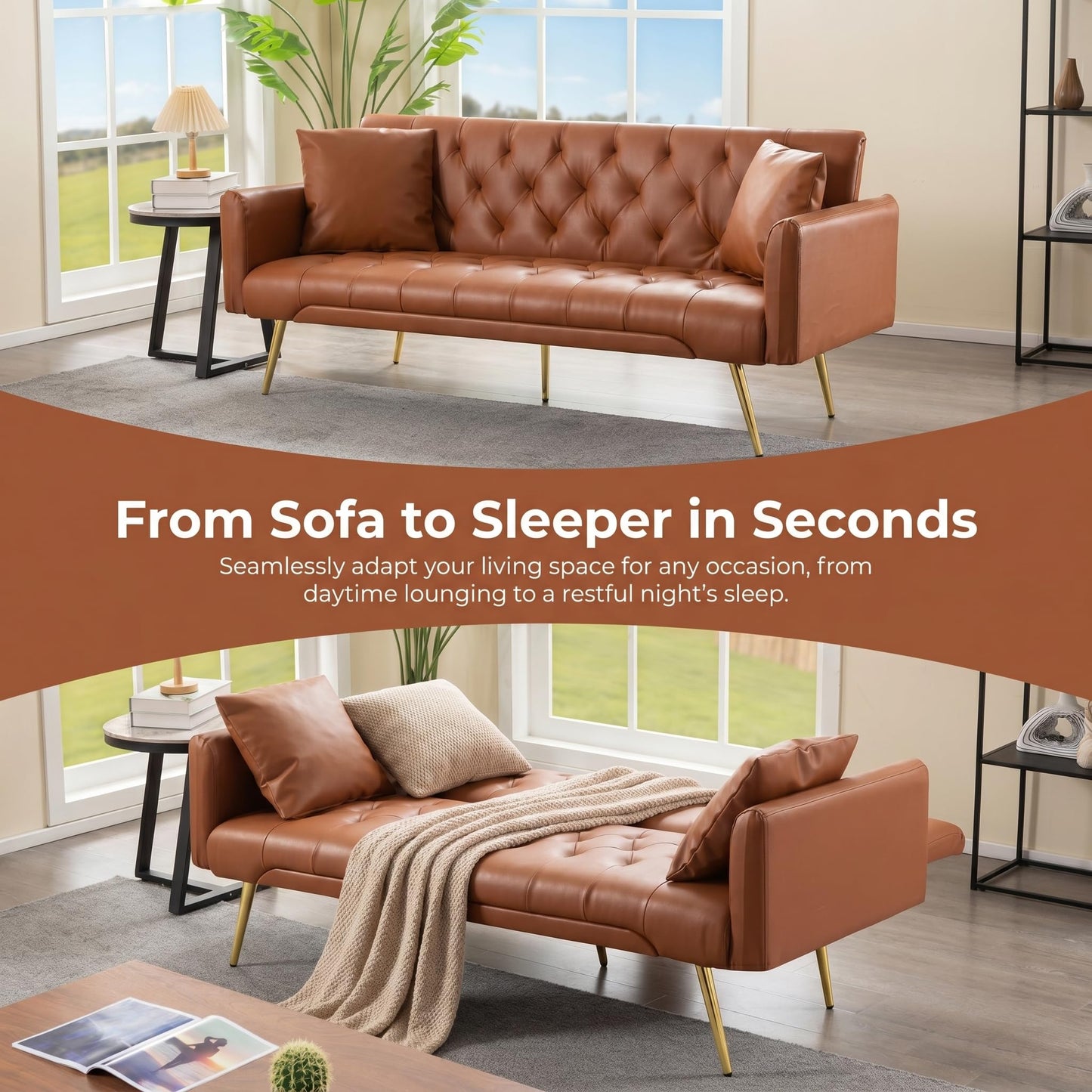 Trygoal Futon Sofa Bed, PU Leather Futon Couch Bed with Adjustable Backrest, Convertible Sofa Beds with 2 Throw Pillows, Small Couches for Small Spaces, Apartment, Bedroom, Living Room, Brown