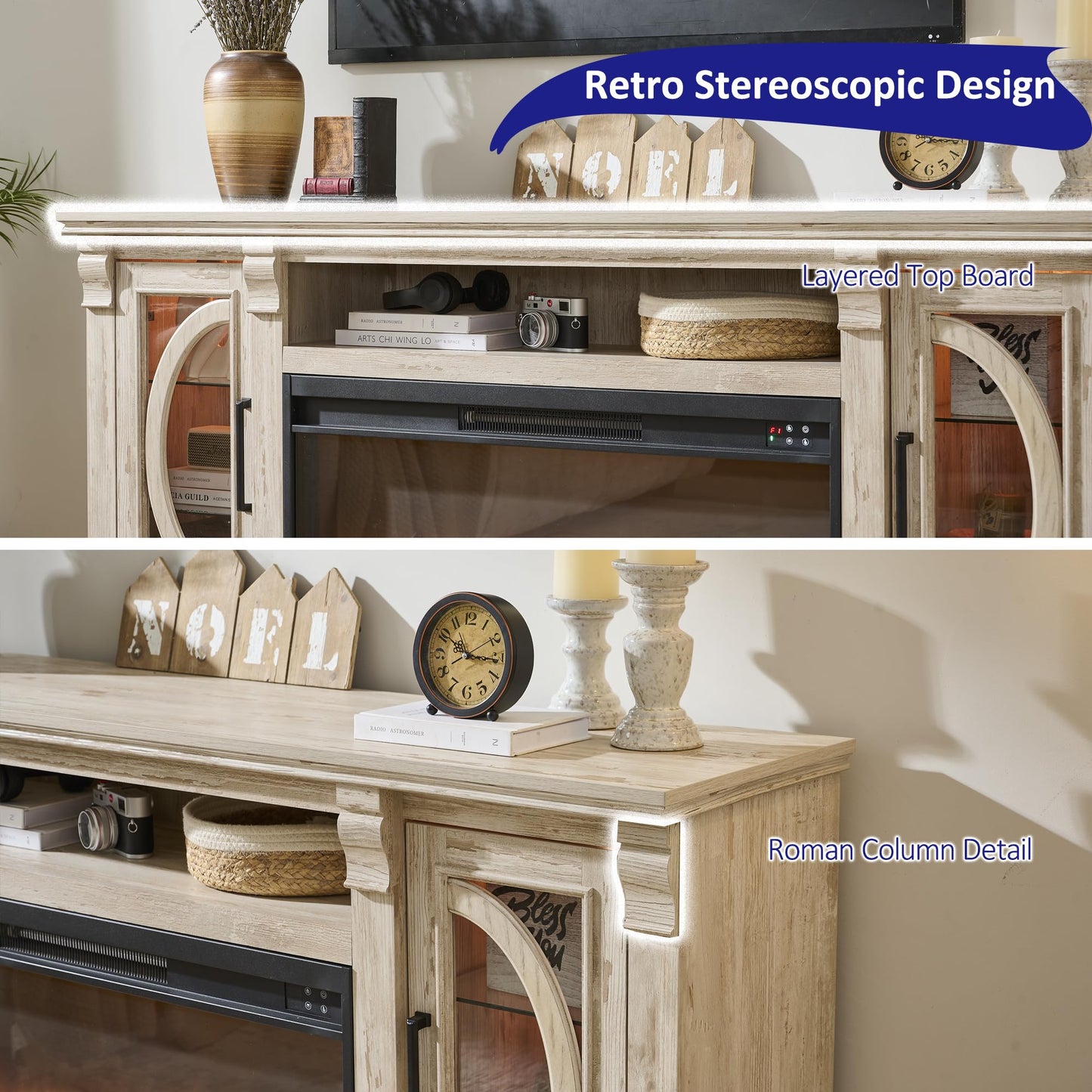 Unineo Crescent TV Stand with Fireplace for up to 80 Inch TV, LED Entertainment Center with 36 Inch Electric Fireplace, Farmhouse TV Console Table w/Glass Door for Living Room, Brushed White