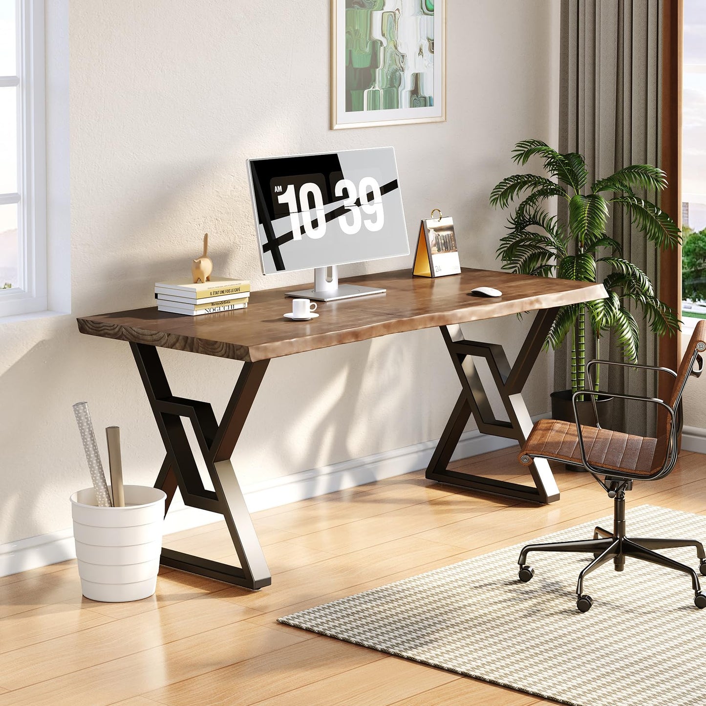 QZYJKJ 55 Inch Solid Wood Computer Desk, Rustic Brown Home Office Desk with Metal Frame, Large Writing Desk for Study, Gaming, Workstation & Dining Room, Modern Farmhouse Design