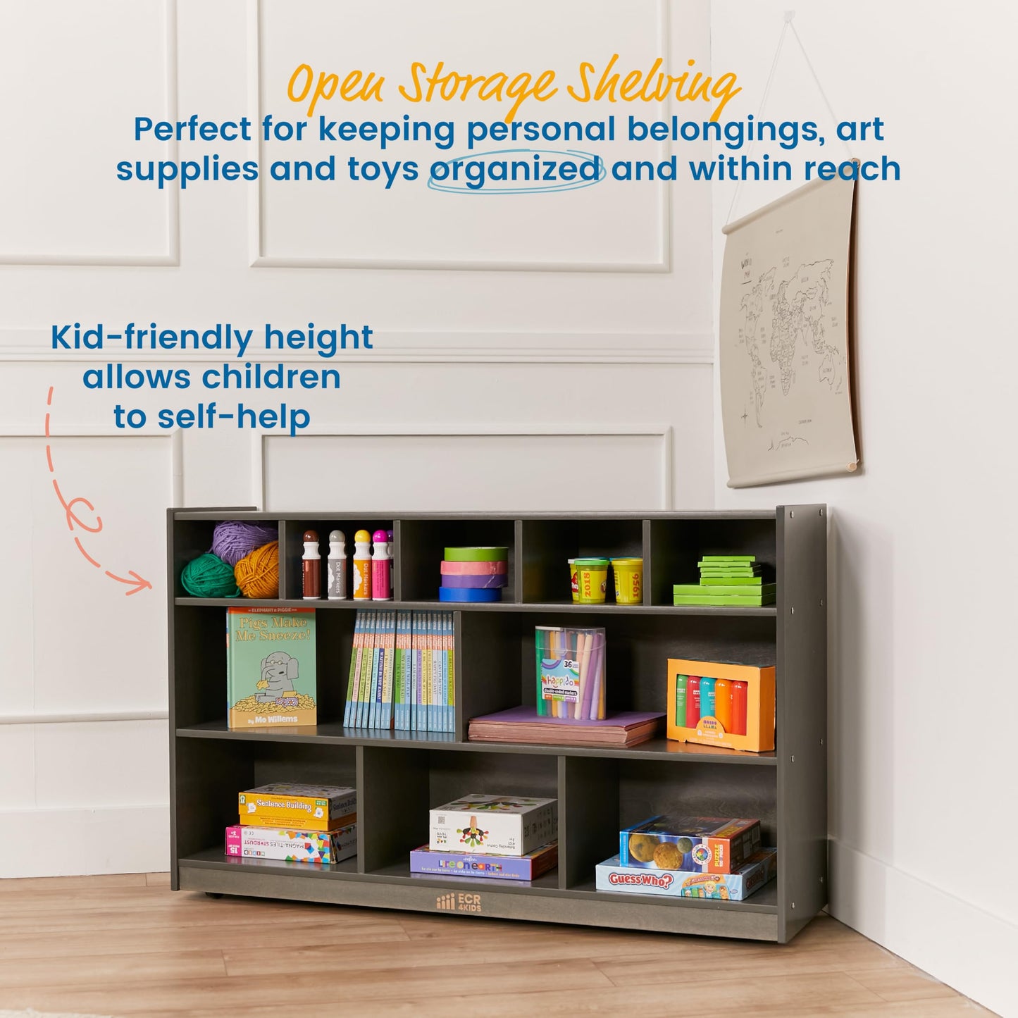 ECR4Kids 5+5 Cubby and Storage Mobile Tray Cabinet, Classroom Furniture, Grey Wash