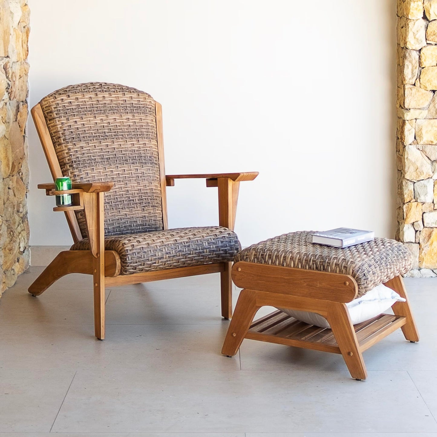 Cambridge Casual Camden Teak Padded Woven Seat Patio Adirondack Conversation Set - Brown, Adirondack with Ottoman, Free Patio Cover, Quick Dry Foam, Weather-Resistant, Ottoman with Lower Storage