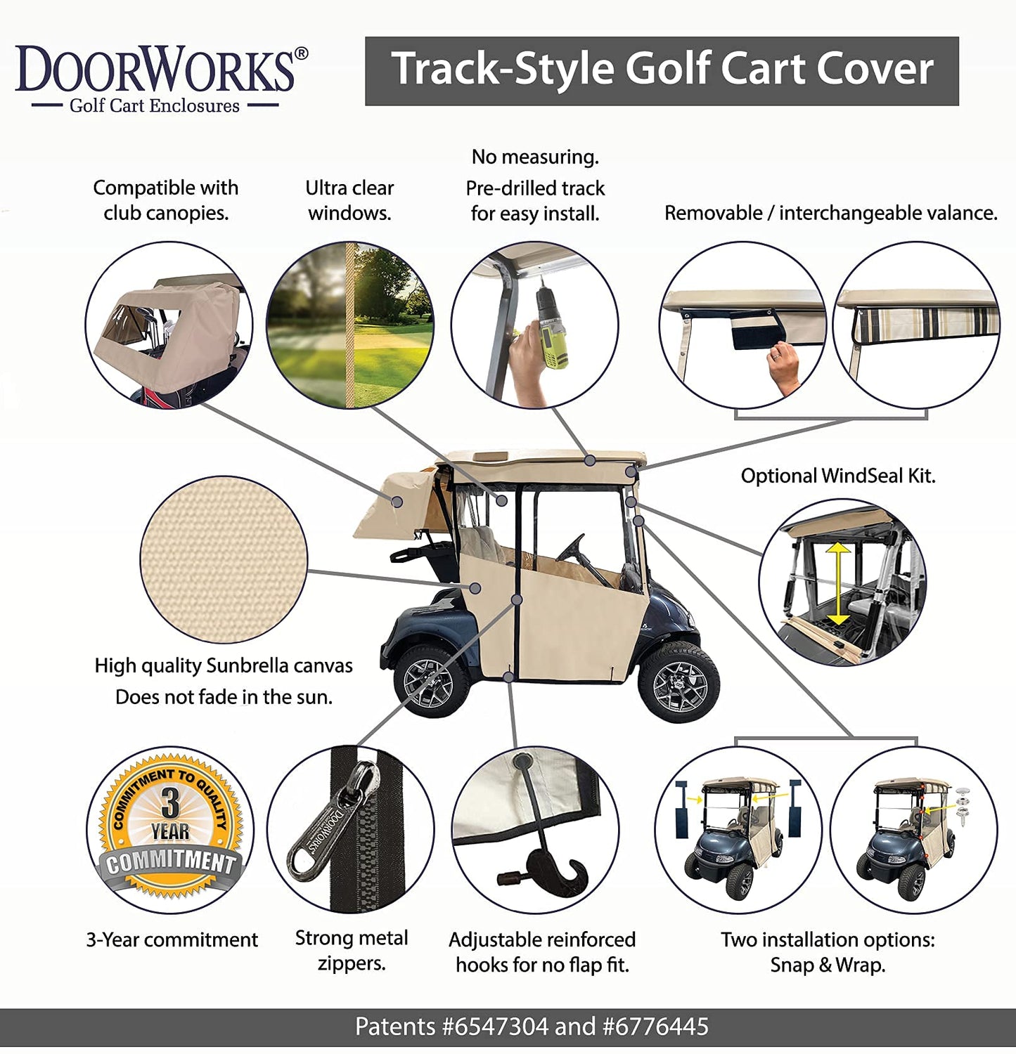 Golf Cart Cover – 3-Sided Track Style Sunbrella Canvas Cart Cover for EZGO RXV – Fits Golf Bags, Utility Box or Rear Facing Seat Rain Cover All Weather Windproof Waterproof Jet Black