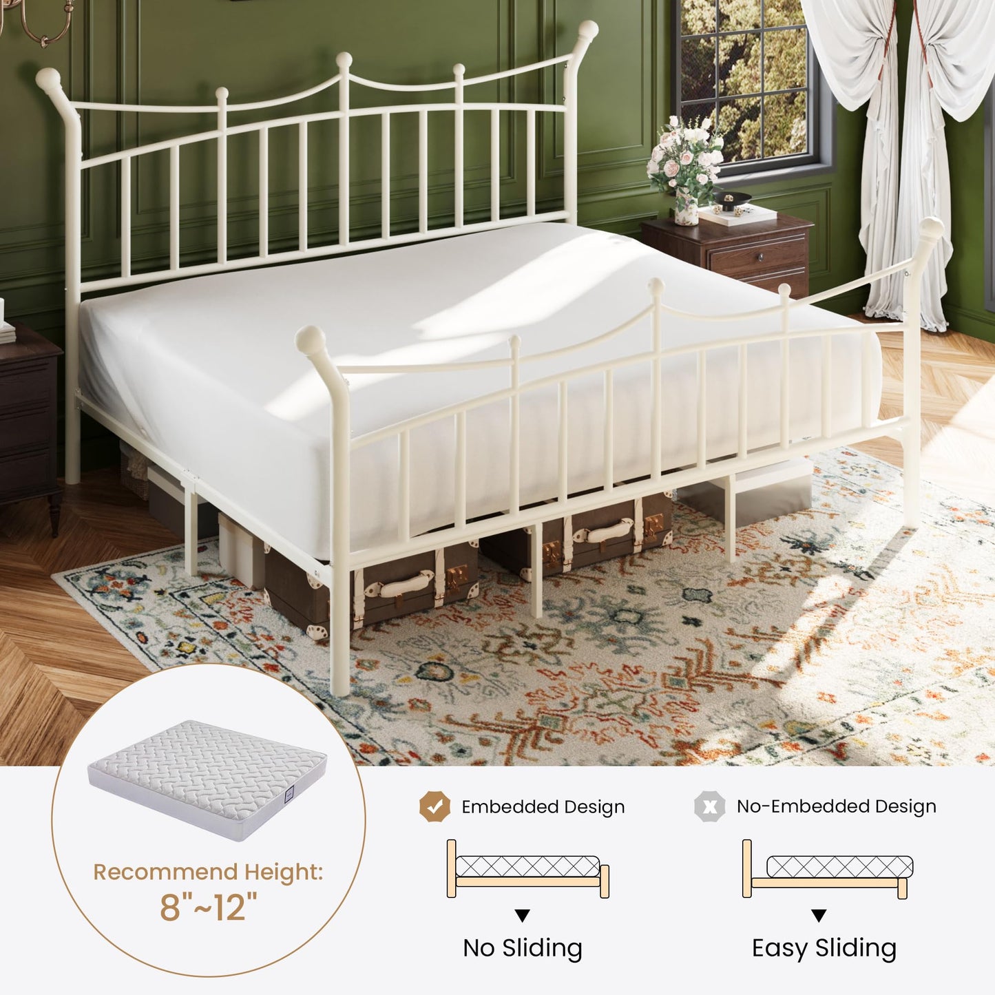 SHA CERLIN 14 Inches King Size Metal Platform Bed Frame with Crown Style Victorian Headboard & Footboard, Ample Under Bed Storage, Noise Free, Easy Assembly, No Box Spring Needed, White
