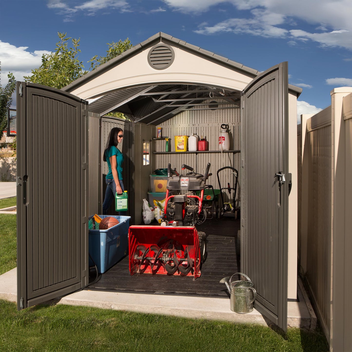 Lifetime 15×8 Ft Dual‑Entry Outdoor Storage Shed, Steel‑Reinforced, UV‑Protected, Weather‑Resistant Backyard Garden Shed with Skylights, Windows & Shelving, Desert Sand