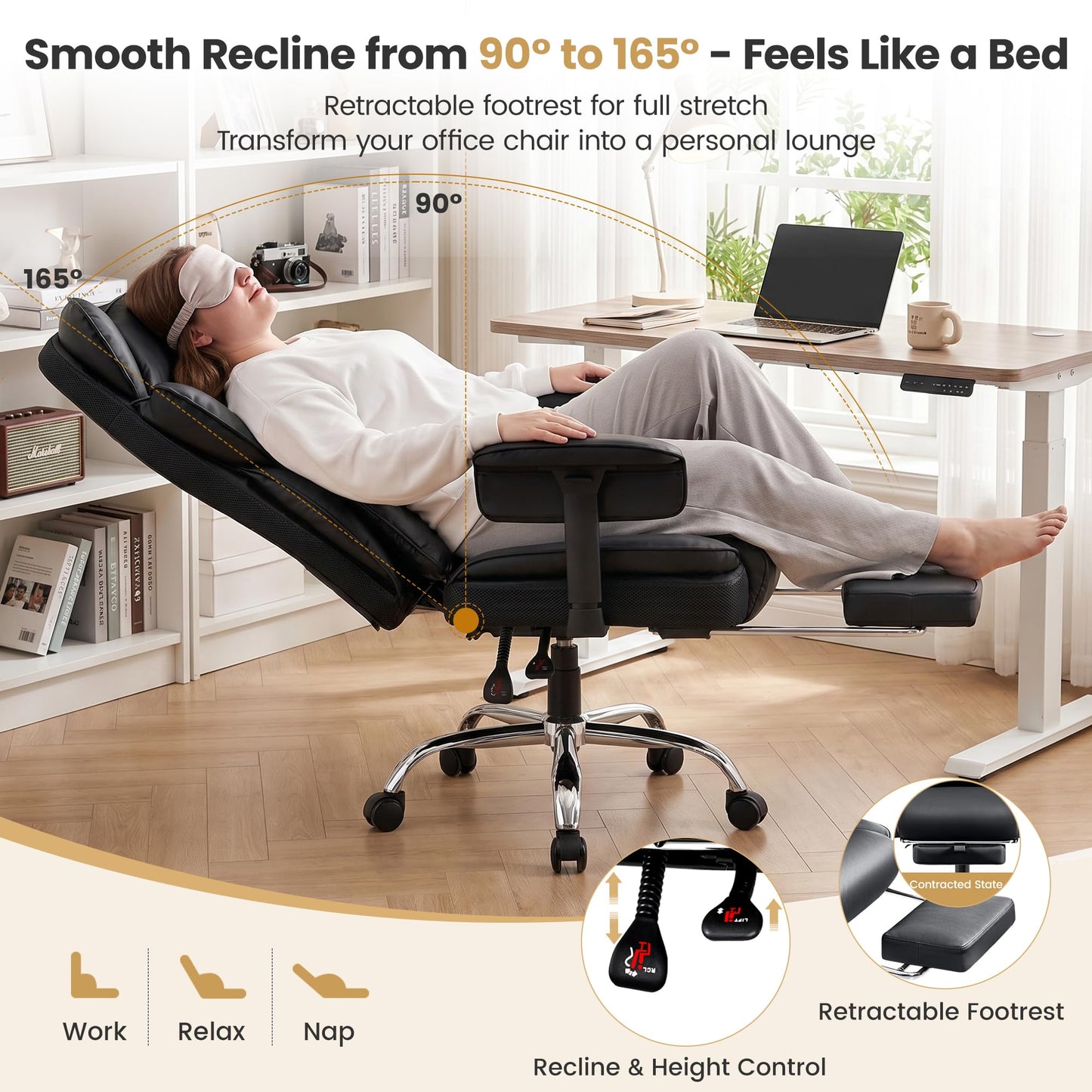 Stella Mia Big & Tall Office Chair – 21.3" Wide Seat High Back Ergonomic Executive Chair with Retractable Footrest, Heavy Duty Computer Gaming Chair for Heavy People, Black 2 Pack