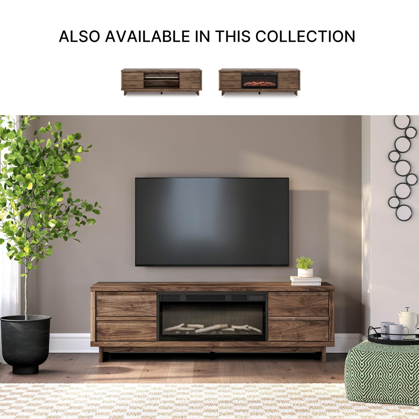 Signature Design by Ashley Zadilyn Mid-Century Modern 72" TV Stand with Electric Fireplace for TVs up to 82", Dark Brown