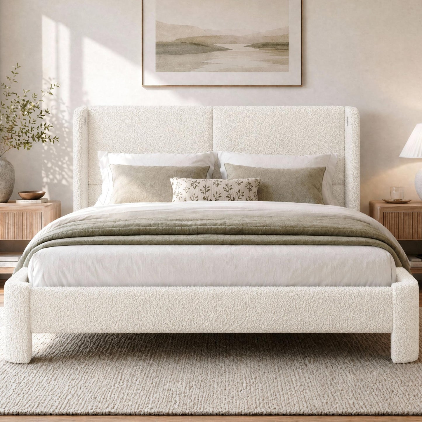 LIKIMIO Queen Bed Frame with Headboard, Upholstered Boucle Platform Bed with USB Ports, Base Camas Queen No Box Spring Needed, Cream White
