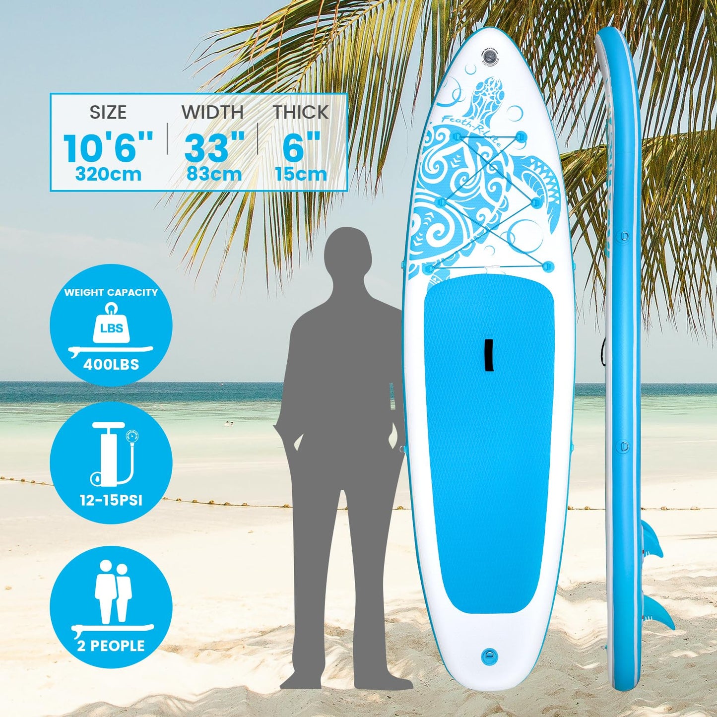 FEATH-R-LITE Inflatable Paddle Board Stand Up Paddleboards for Adults SUP with Premium Accessories Pump, Adjustable Paddle, Leash, Three Fins, Backpack (Light Blue)