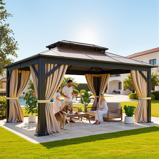YITAHOME 10X12FT Polycarbonate Gazebo Outdoor Patio Double Top Canopy Galvanized Iron Aluminum Column Garden Tent Curtains Netting for Backyards Decks Lawns,Brown