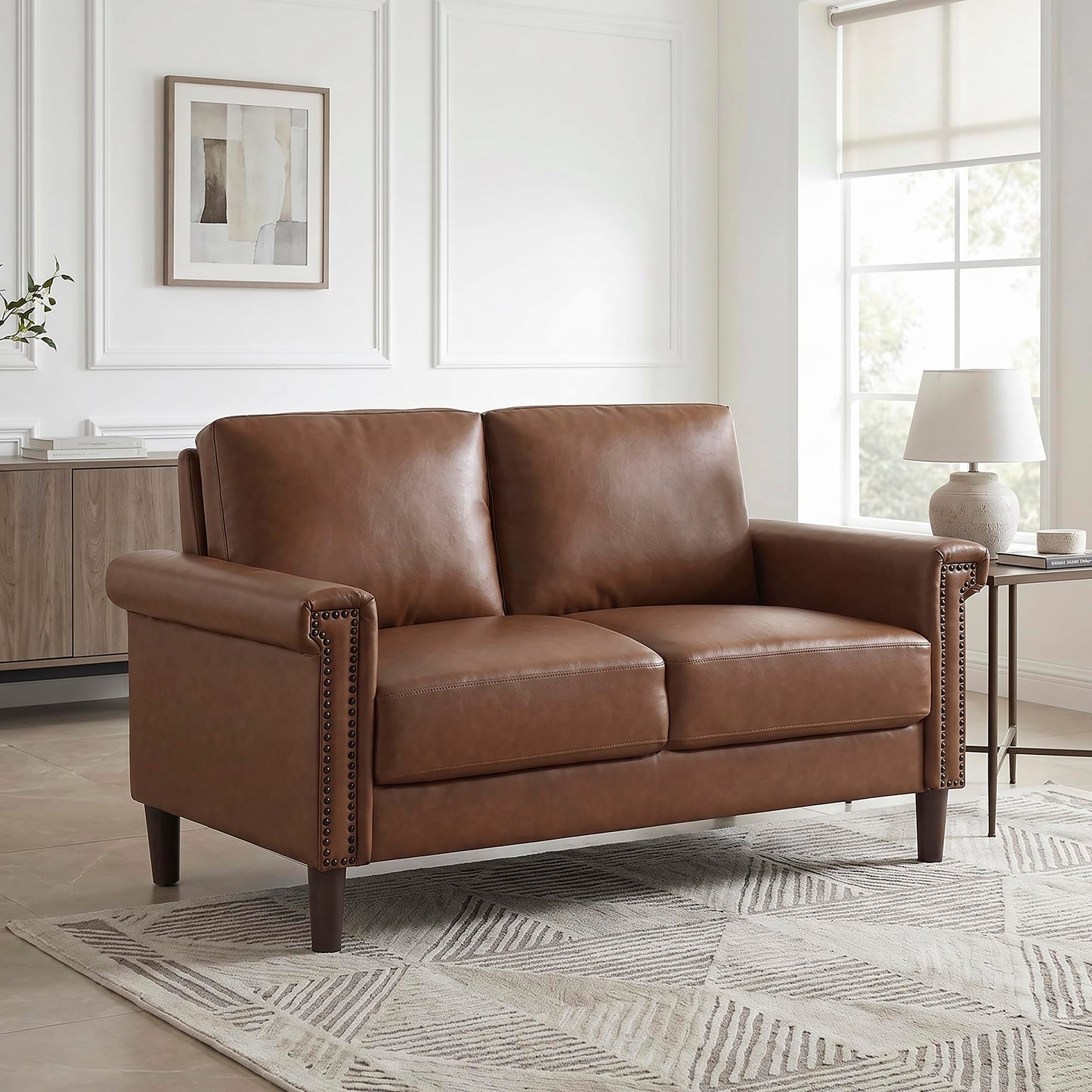 Lexicon 55.5" W Modern Living Room Loveseat - Faux Leather Love Seat with Rolled Arms, Attached Cushions, Nailhead Trim, for Bedroom/Apartment/Office, Easy Assembly, Chocolate