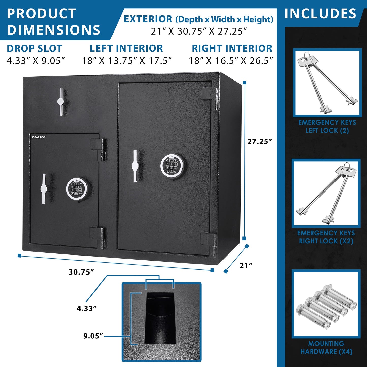 BARSKA Large Digital Depository Safe with Drop Slot – Solid Steel, Dual Keypad Access, 5 Deadbolts, Backup Keys – for Cash Handling in Retail, Office, and Business Use