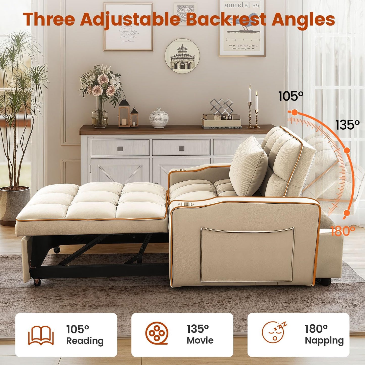 Trygoal Convertible Sleeper Chair, Chairs Bed Sleepers for Adults, Pull Out Chair Sleeper with Bracket and Cup Holder, 3 in 1 Sofa Bed Chairs for Small Spaces, Living Room, White