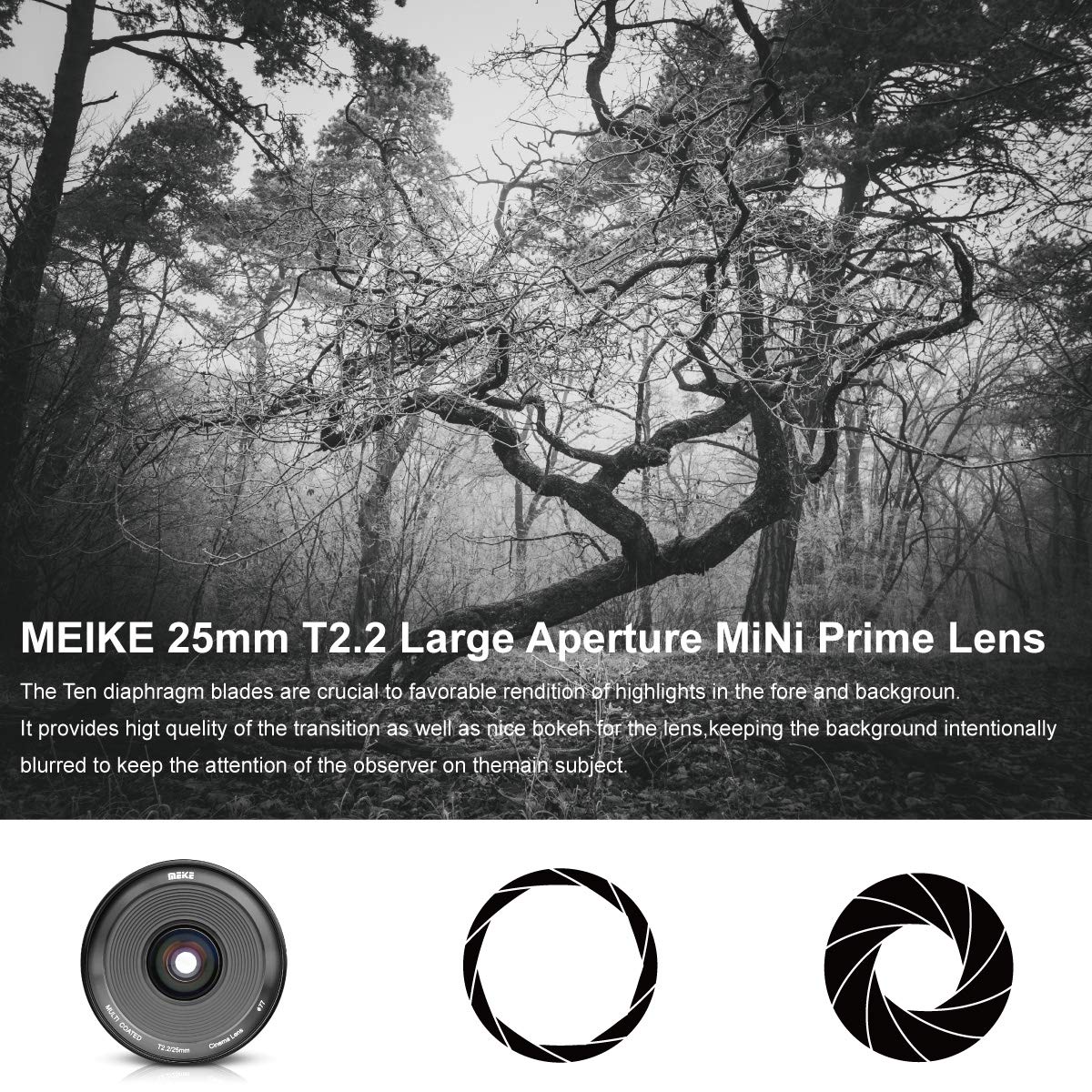Meike 25mm T2.2 Manual Focus Prime Mini Cinema Lens for Micro Four Thirds MFT M43 Mount Cameras