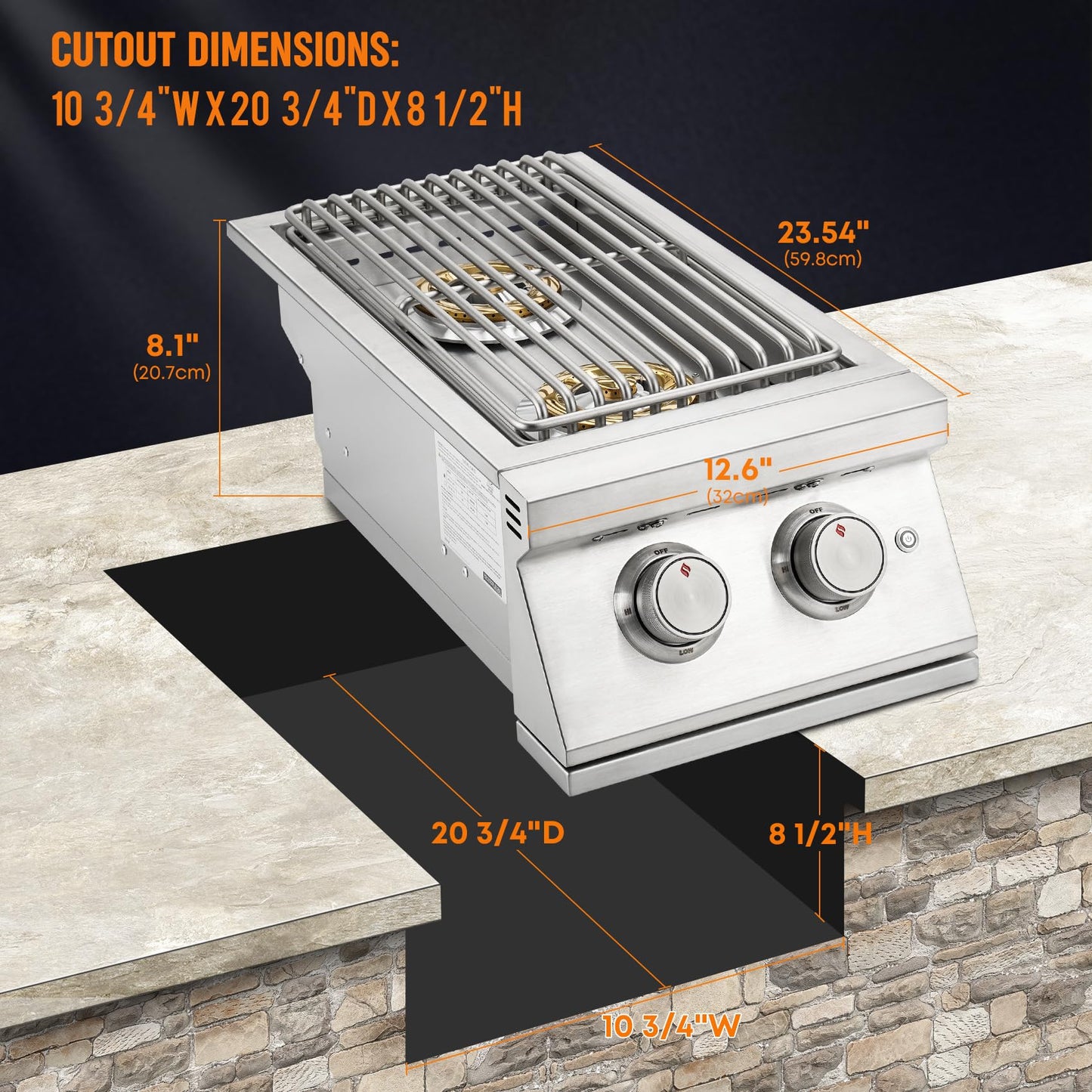 Hygrill Double Side Burner, Built In Double Grilling Side Burners for Outdoor Kitchen, Outdoor BBQ Grill Island, Natural Gas Version