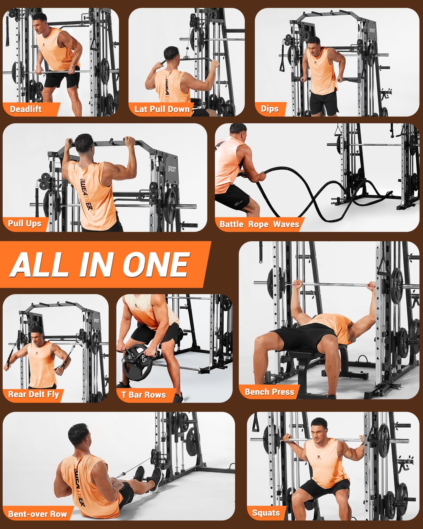 Multifunctional Smith Machine Home Gym 2200LBS Squat Rack Power Cage with LAT Pulldown, Cable Crossover System, Smith Bar, Leg Attachments, Workout Equipment