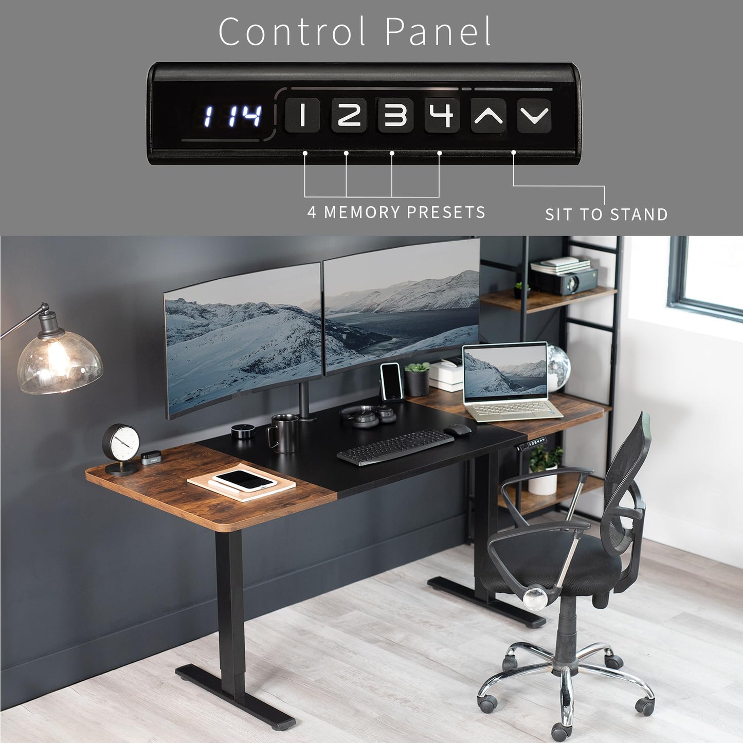 VIVO Electric 71 x 30 in Rustic Standing Desk, Memory Height Adjustment, 1B Series, Holds 220 lbs, Black and Vintage Brown Top, Black Frame, DESK-KIT-1B7BN