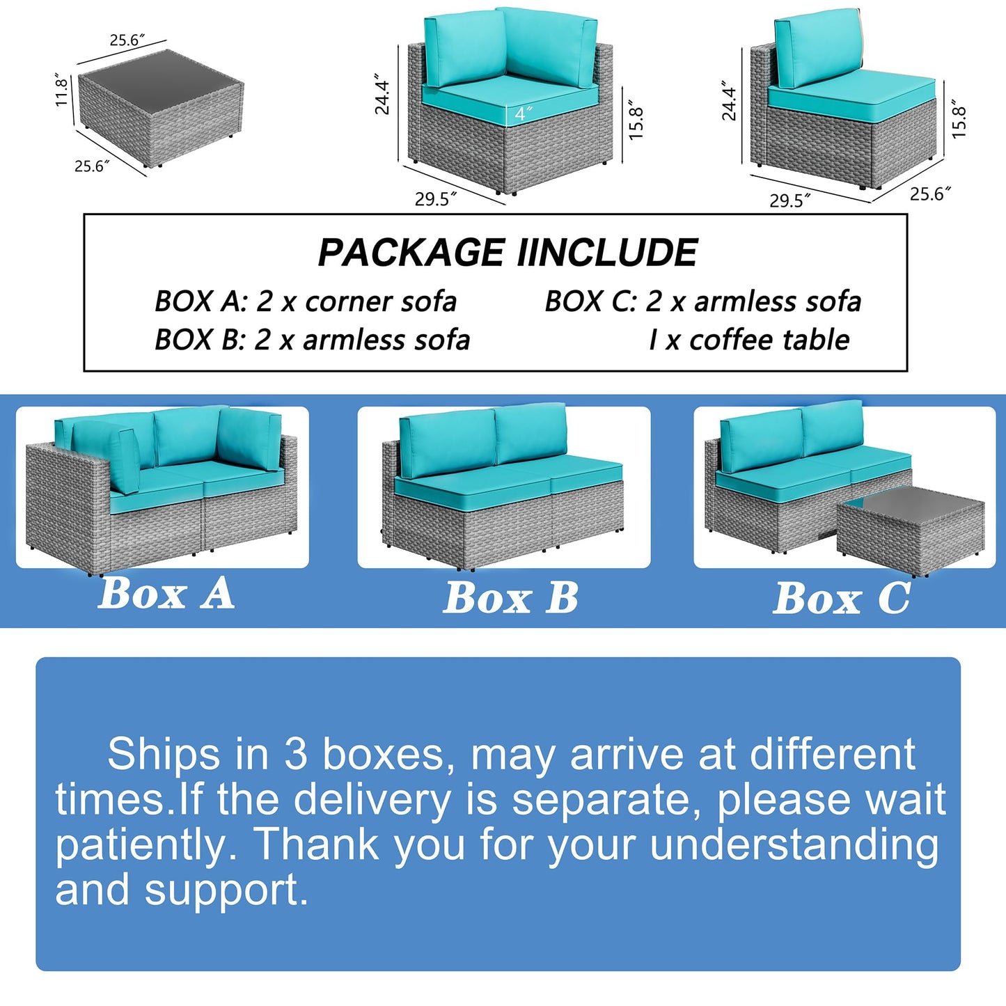 Shintenchi 7 Pieces Outdoor Patio Furniture Sets, Patio Sectional Sofa Couch, Silver Gray PE Wicker Furniture Modular Patio Conversation Sets Patio Sofa with Washable Cushions & Coffee Table (Blue)