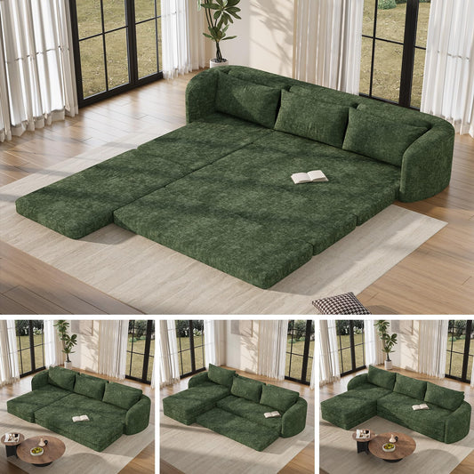Vesgantti 110.2" Modular Sectional Sofa with Curved Armrest, 6 in 1 Convertible Folding Sleeper Sofa Bed, Chenille Boneless Couch for Living Room, No Assembly Required, Green, Left Facing Chaise