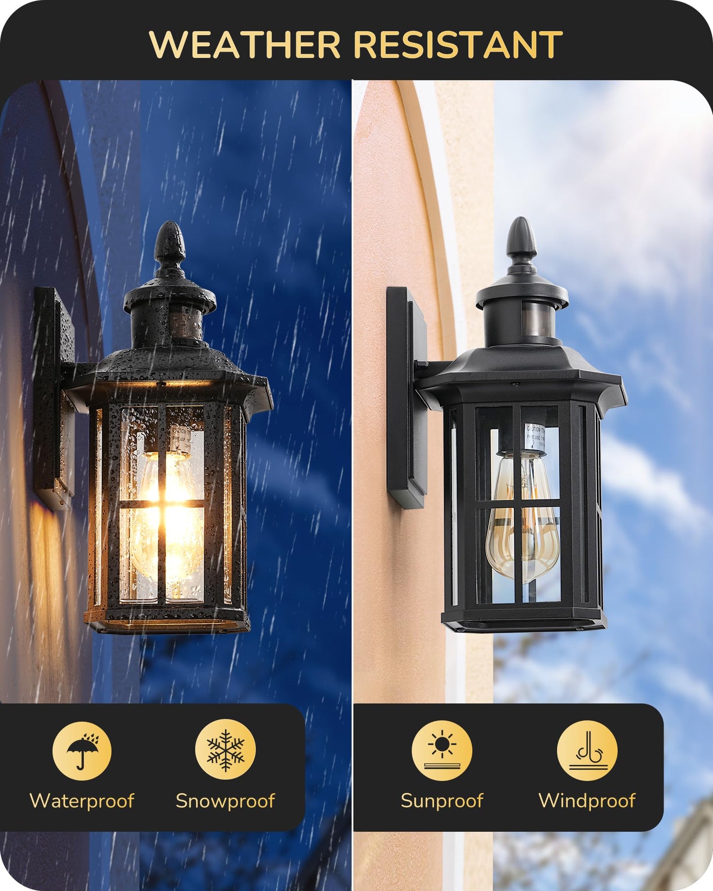 EDISHINE Motion Sensor Outdoor Wall Light Fixture, Black Aluminum Sconce, Dusk to Dawn, Model HOWL07