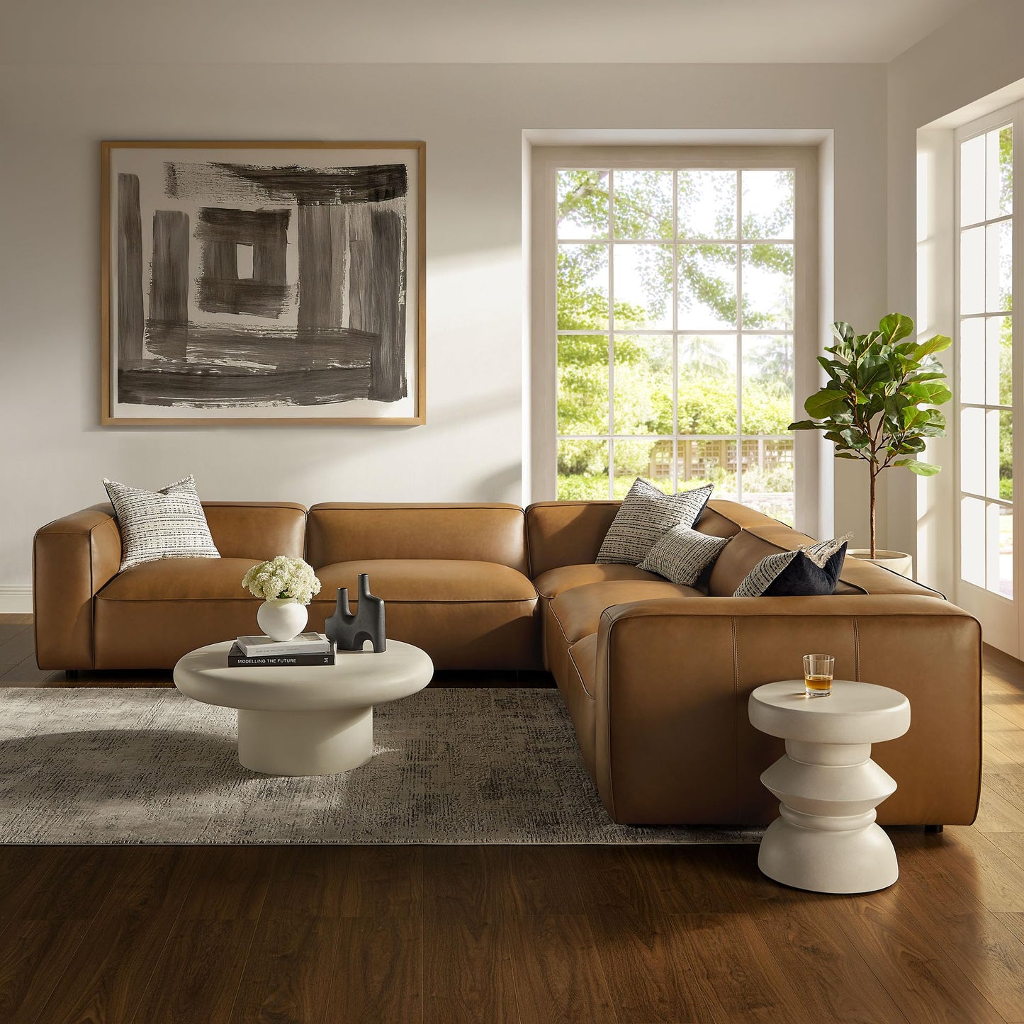 Modway Auren Vegan Leather 5 Piece Modular Sofa in Camel - Faux Leather L Shaped Sectional - Comfy Modern PU Leather Sofa - Oversized Mid Century Modern Couch for Living Room, Apartment