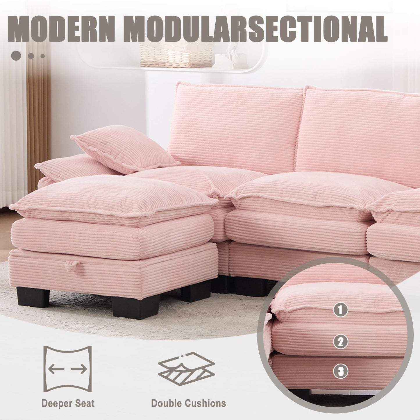 102" Oversized Cloud Modular Sectional Sofa with Movable Ottoman, Free Combination Convertible L Shaped Corner Couch Sets,Comfy Corduroy Upholstered Pink Sofa & Couch for Living Room