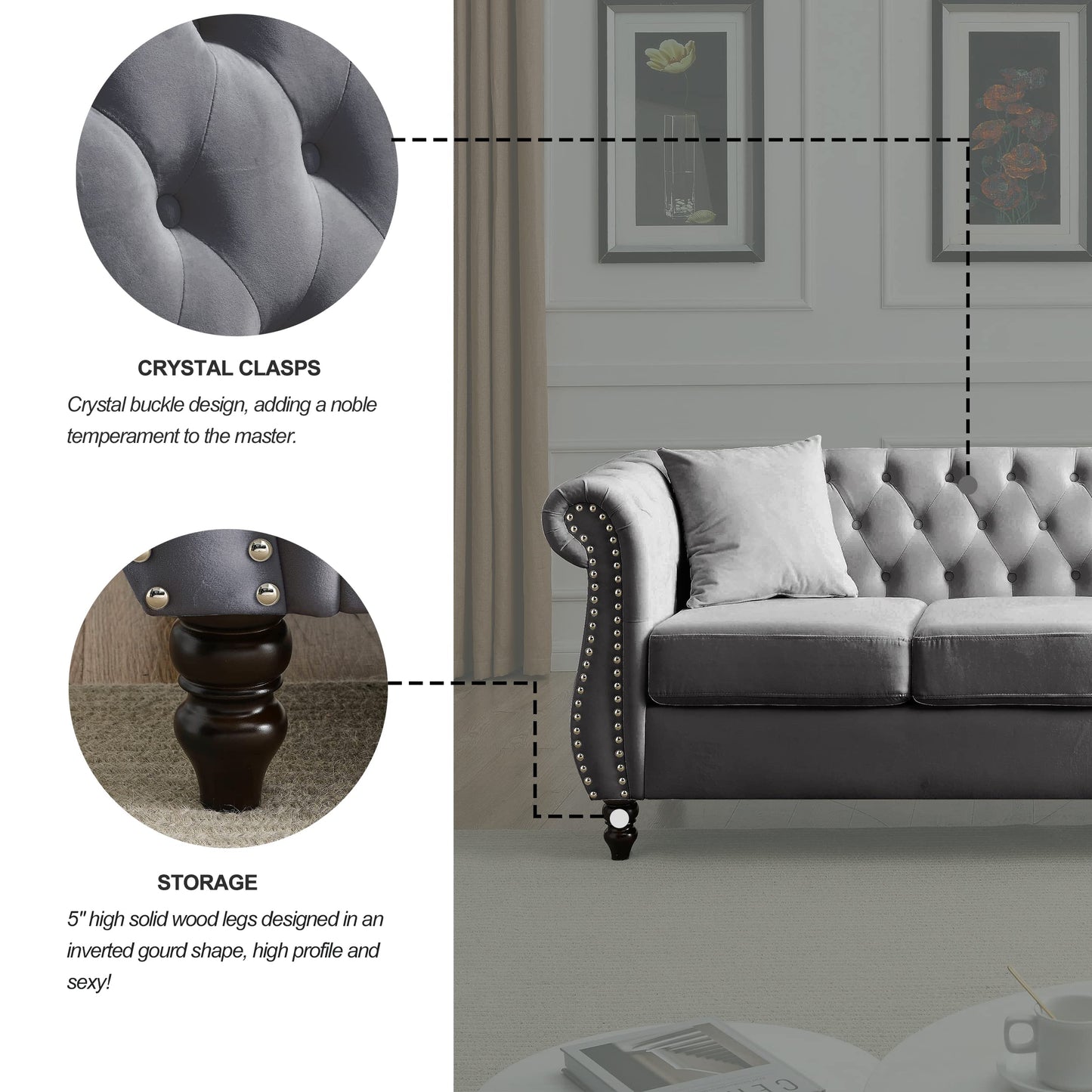 KEIKI Chesterfield Sofa, Retro Style Upholstered 3 Seater Velvet Couch with Rolled Arm for Living Room Bedroom Office Apartment, Grey