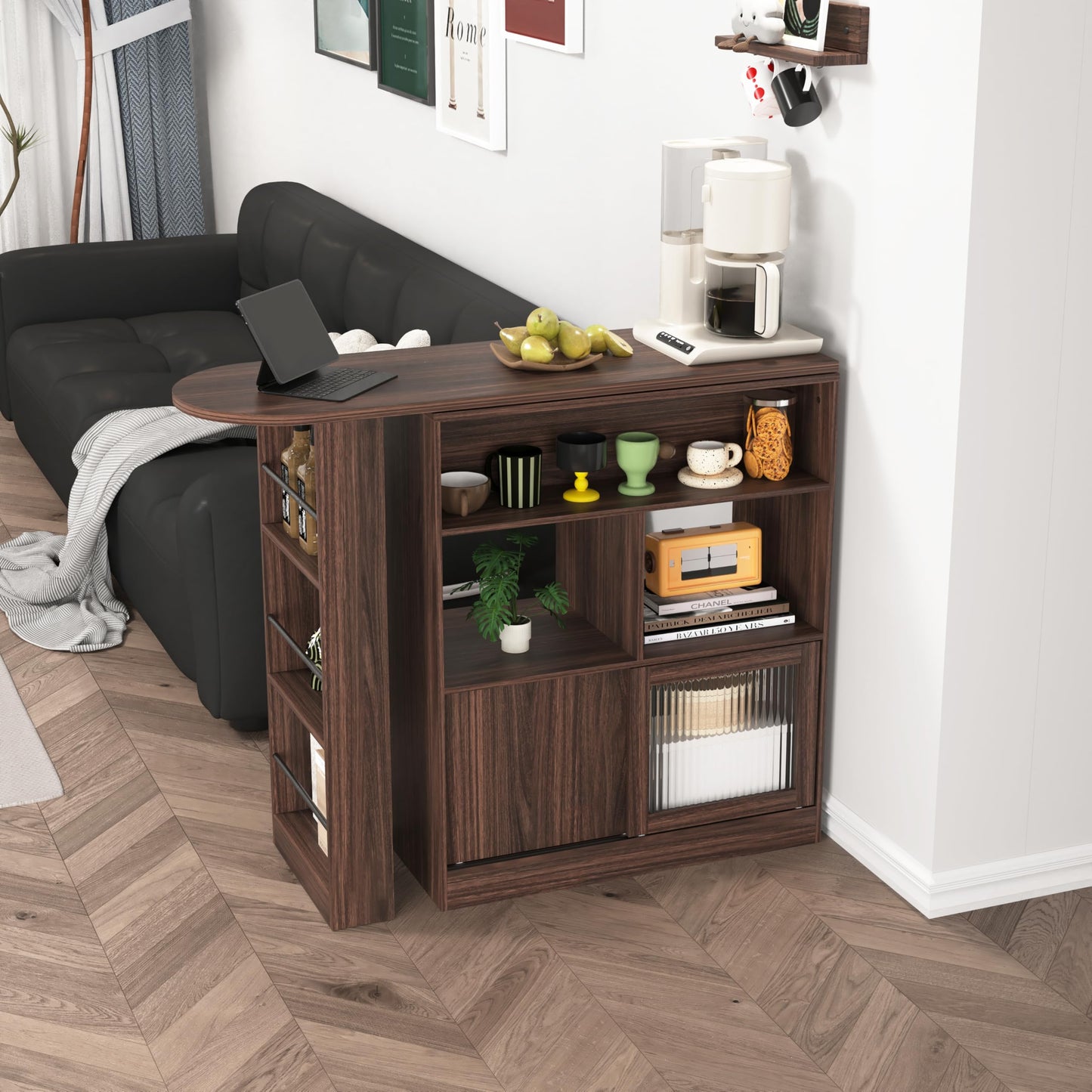 GDFStudio Modern Bar Cabinet with Rotating Top, Counter-Height Kitchen Dining Cabinet with 2 Ribbed Glass Doors & 6 Storage Shelves, Home Bar with Shelves, Living Room Storage Furniture, Walnut Brown