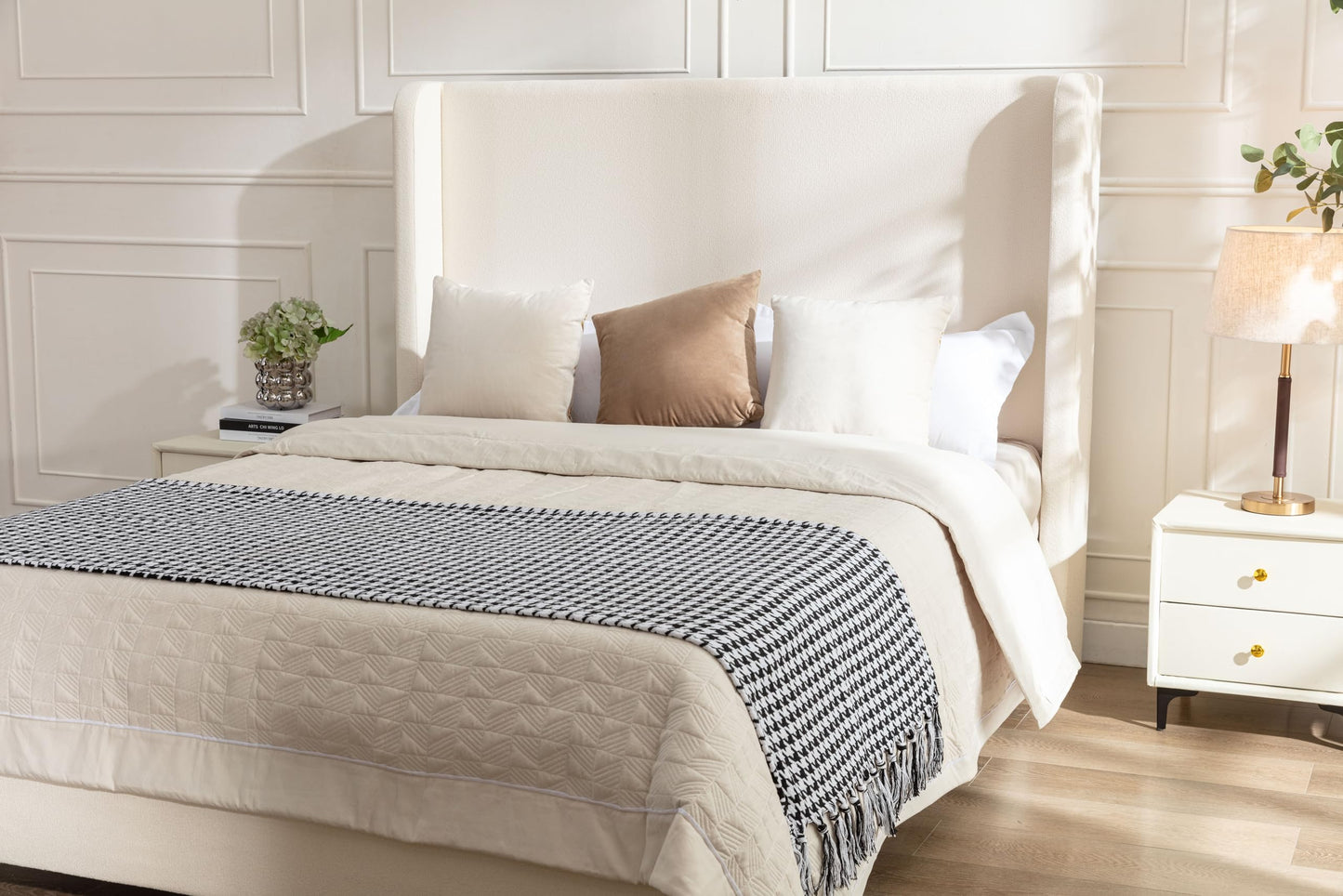 GDFStudio Tall Headboard Upholstered Bed,Queen Size Platform Bed Frame with Headboard Wingback,54" High No Box Spring Needed Easy Assembly Elegant Simplicity Ivory Boucle