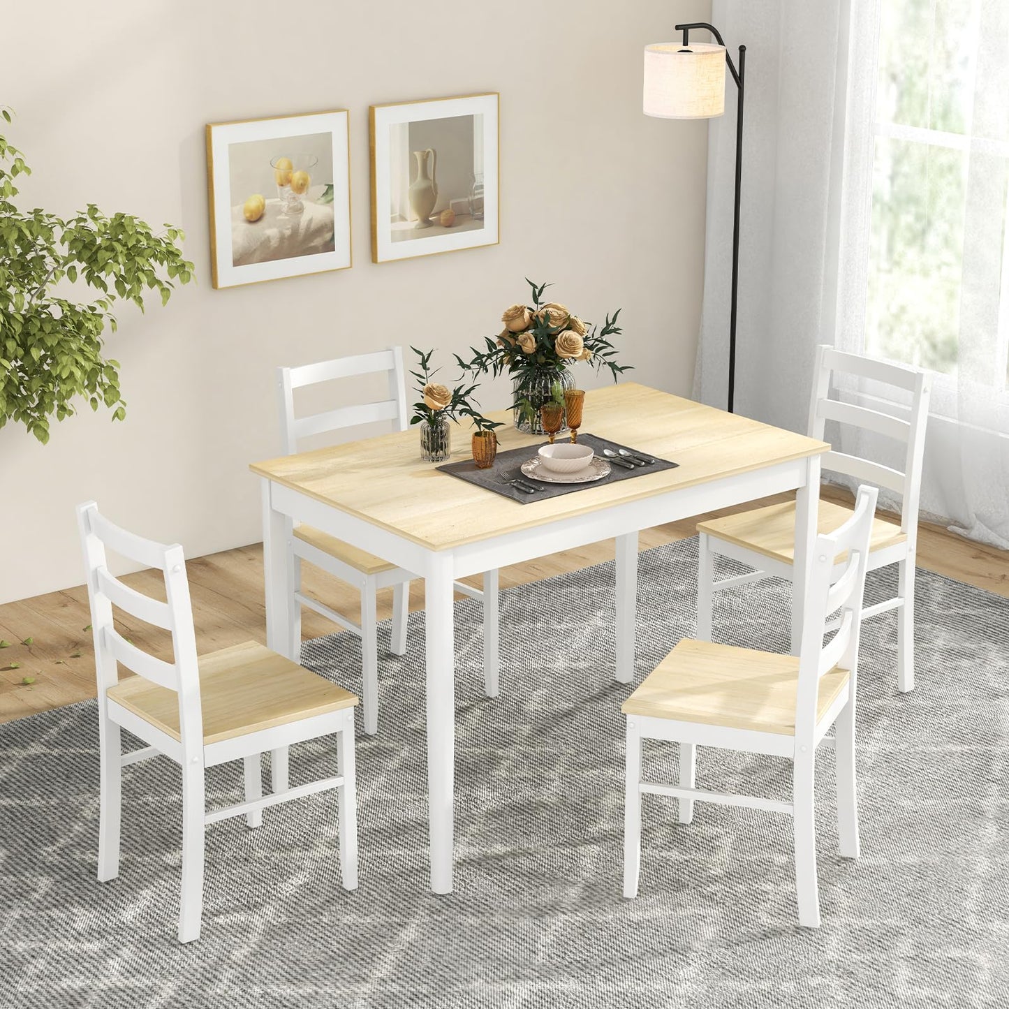 Tangkula Dining Table Set for 4, Solid Wood, Farmhouse Dinette Set w/Rubber Wood Legs, Compact Dining Table and Chairs Set for Kitchen, Dining Room (Natural+White)