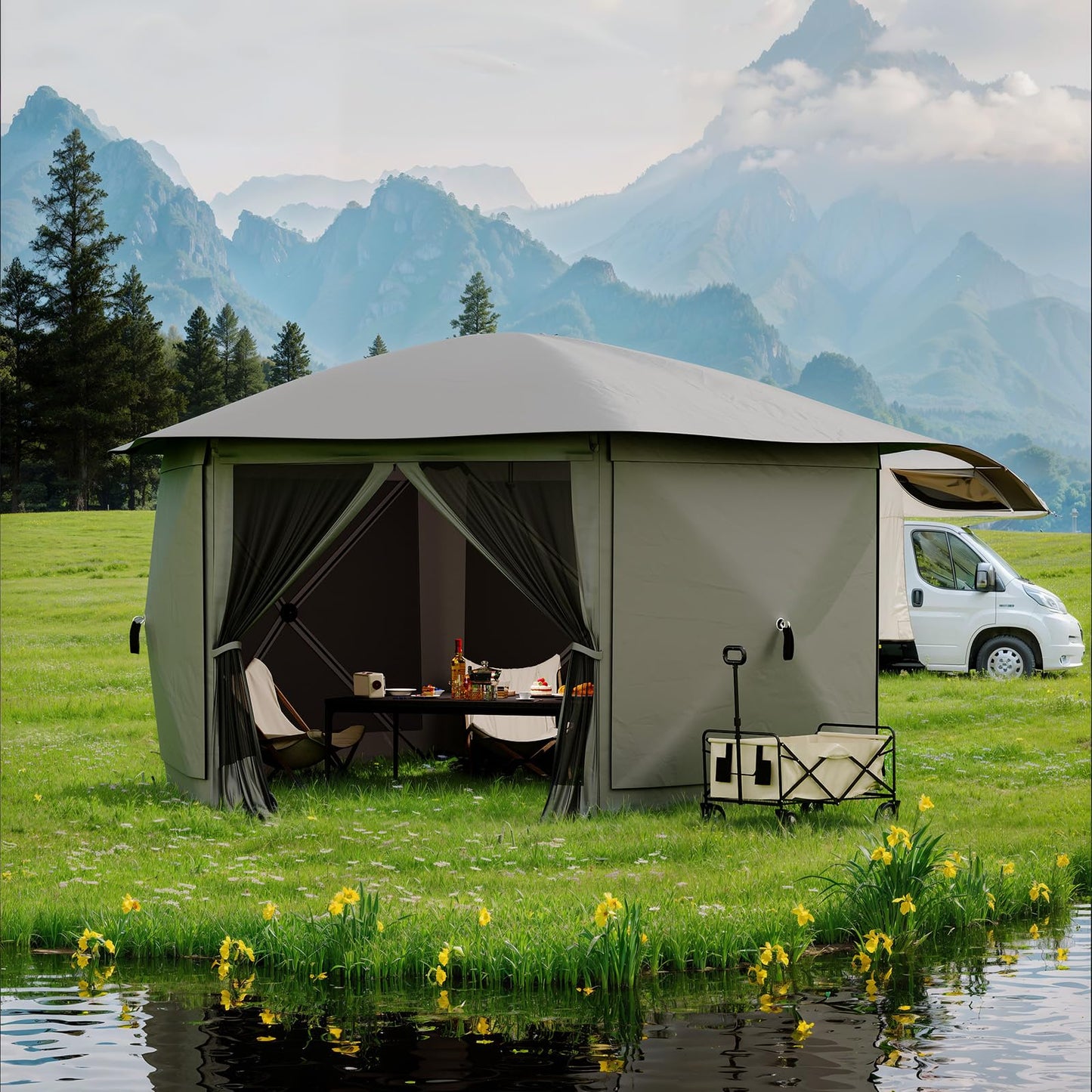 Garvee 12FT Pop-Up Gazebo 6-Sided, Outdoor Canopy Tent with Mosquito Netting, Removable Canopy Top & Wind Cloths for Camping, Backyard Parties, Outdoor Events, Grey