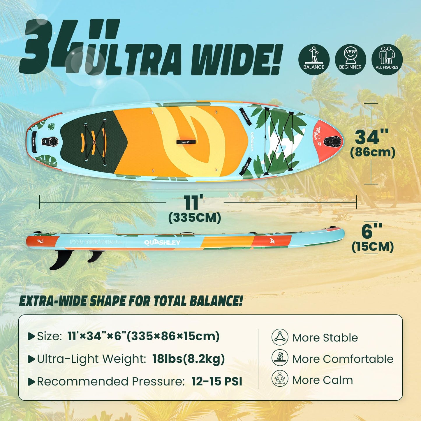Quashley Inflatable Paddle Board 11ft?4 inch Extra Wider Stand Up Paddle Board Stable Inflatable SUP with 10L Waterproof Bag,Pump,Paddle,3 Removable Fins Leaf