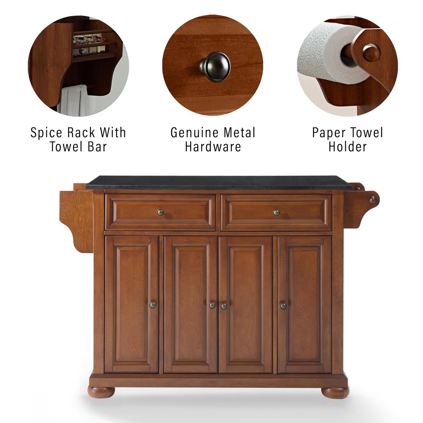 Crosley Furniture Alexandria Granite Top Rolling Kitchen Island Storage Cart, Microwave Stand, Spice Rack, Cherry