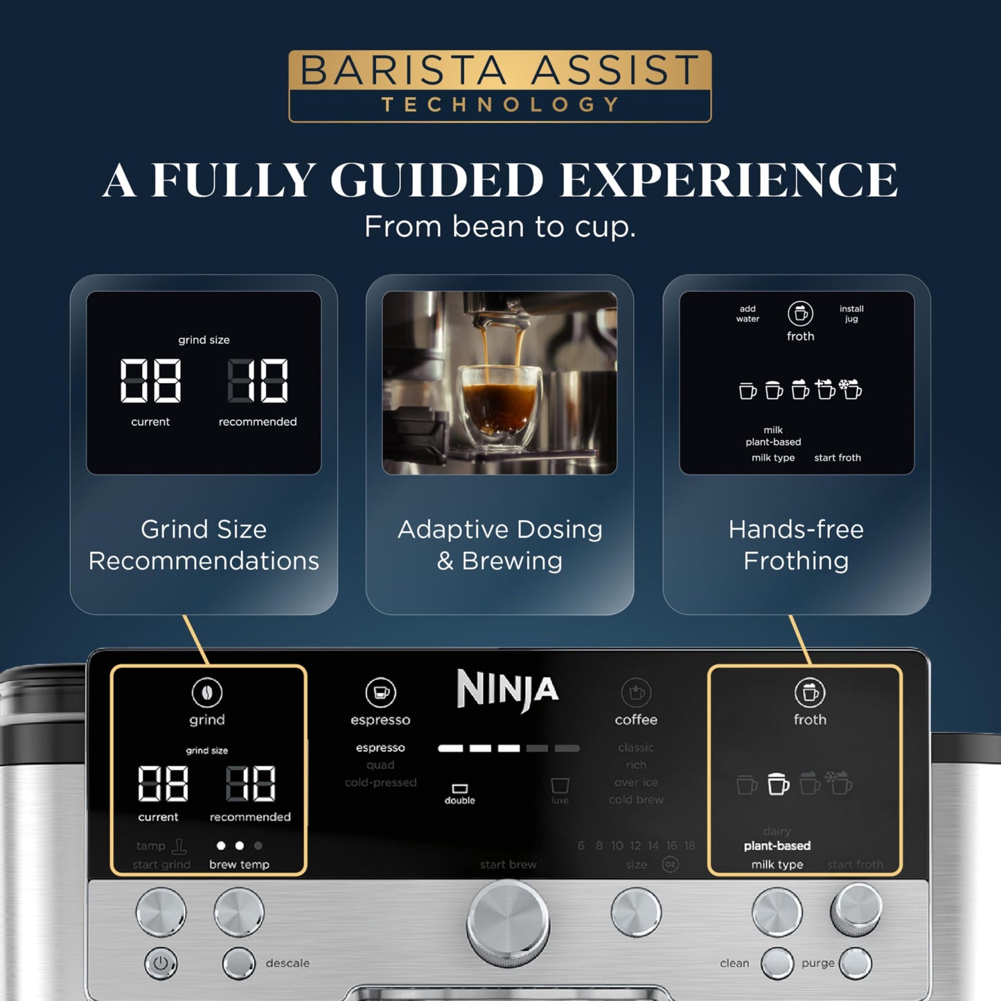Ninja Luxe Café Premier 3-in-1 Espresso Machine, Drip Coffee, & Rapid Cold Brew | Built-in Coffee Grinder, Hands-Free Milk Frother, Assisted Tamper for Cappuccinos & Lattes | Stainless Steel | ES601