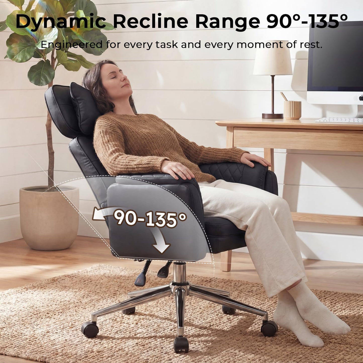 Big and Tall Office Chair - Criss Cross Leather High Back Executive Office Chair with Armrests & Wheels, Ergonomic Computer Gaming Desk Chair for Home, Makeup Vanity & Bedroom, Black, 49.6”H×22”W