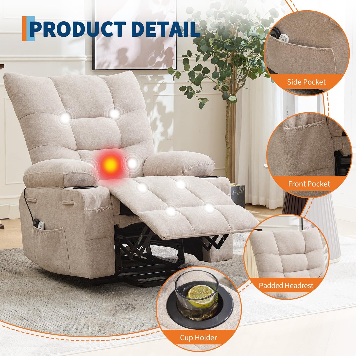 Power Lift Recliner Chair for Elderly - Electric Massage & Heat Recliner with 45° Assist Stand, Oversized Living Room Sofa with Soft Padded Upholstery, Side Pocket & Cup Holders for Living Room