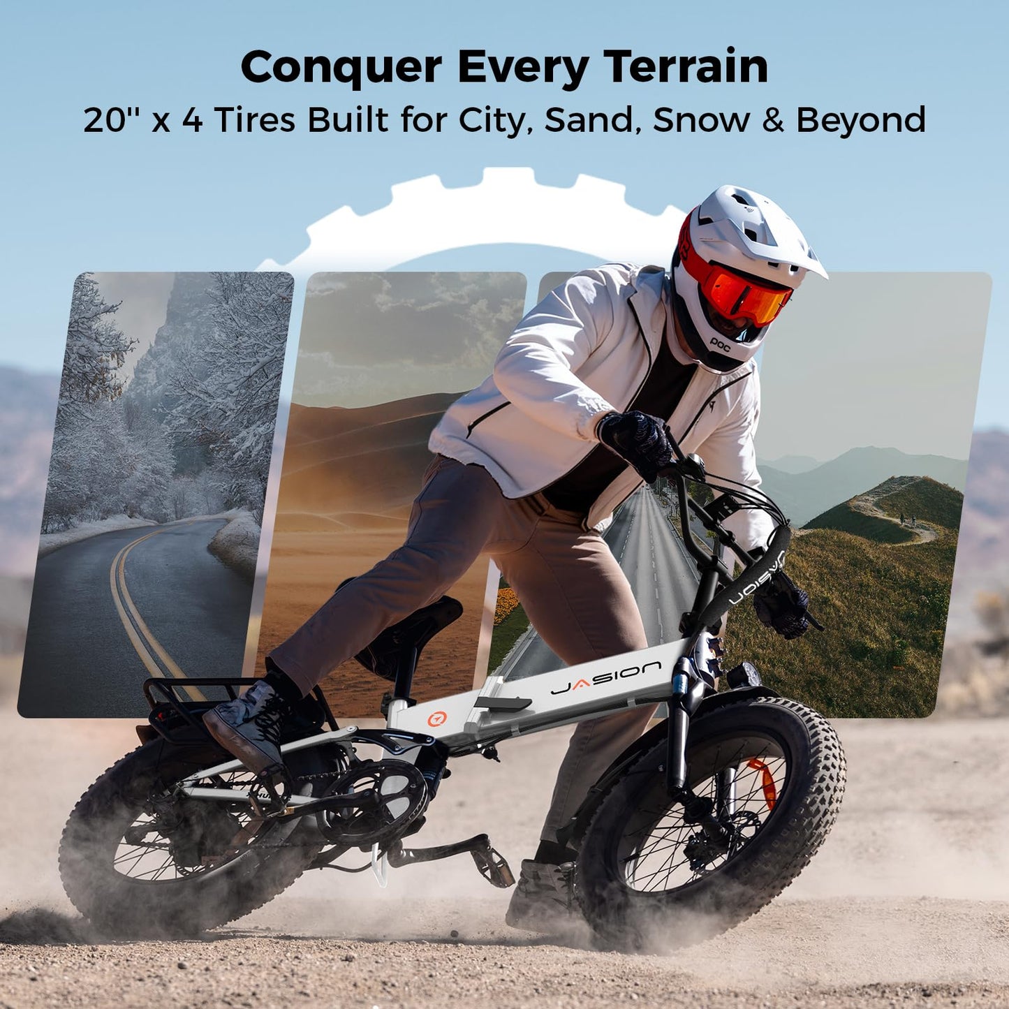 Jasion X-Hunter Foldable Electric Bike, 1400W Peak Motor, 30MPH Max Speed 70+ Miles, 48V 13AH Removable Battery, Full Suspension System, 20''*4.0 Fat Tire Ebike For Adults, 7-Speed Bicycle with Basket