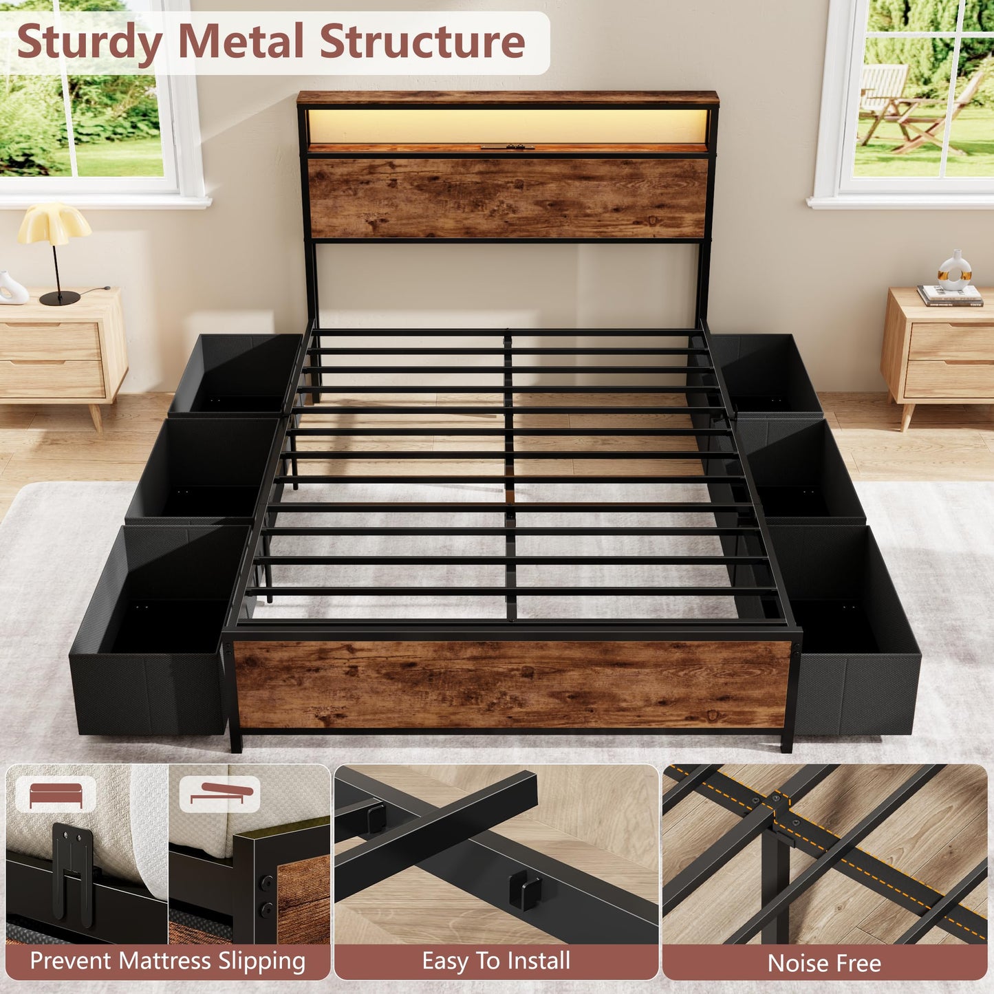 Forestell Full Size Bed Frame with Storage Headboard & 6 Drawers,Sturdy Platform Bed Frame Full with Charging Station,LED Lights,2-Tier Wood Shelf Industrial Bedframe-Noise Free/No Box Spring Needed