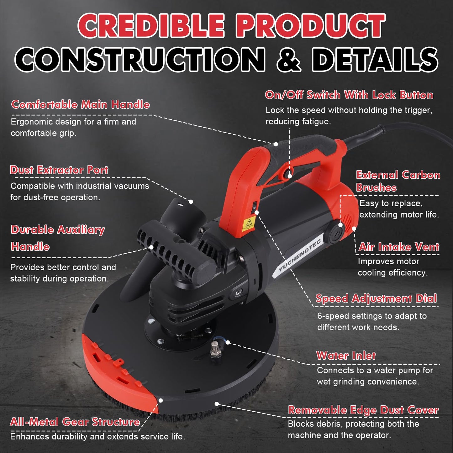 YUCHENGTECH 7 Inch Concrete Grinder with Dust Collector Floor Grinder with Vacuum 2200W 0-4800RPM with Auxiliary Handles & Storage Case for Concrete Cement Granite Marble